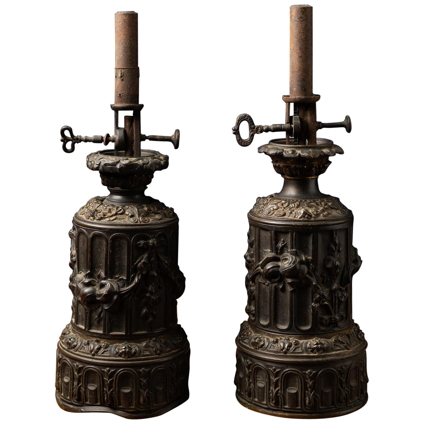 Very Original Pair of Ornate Copper Alloy Candleholders 'Becatiltre Breveté'