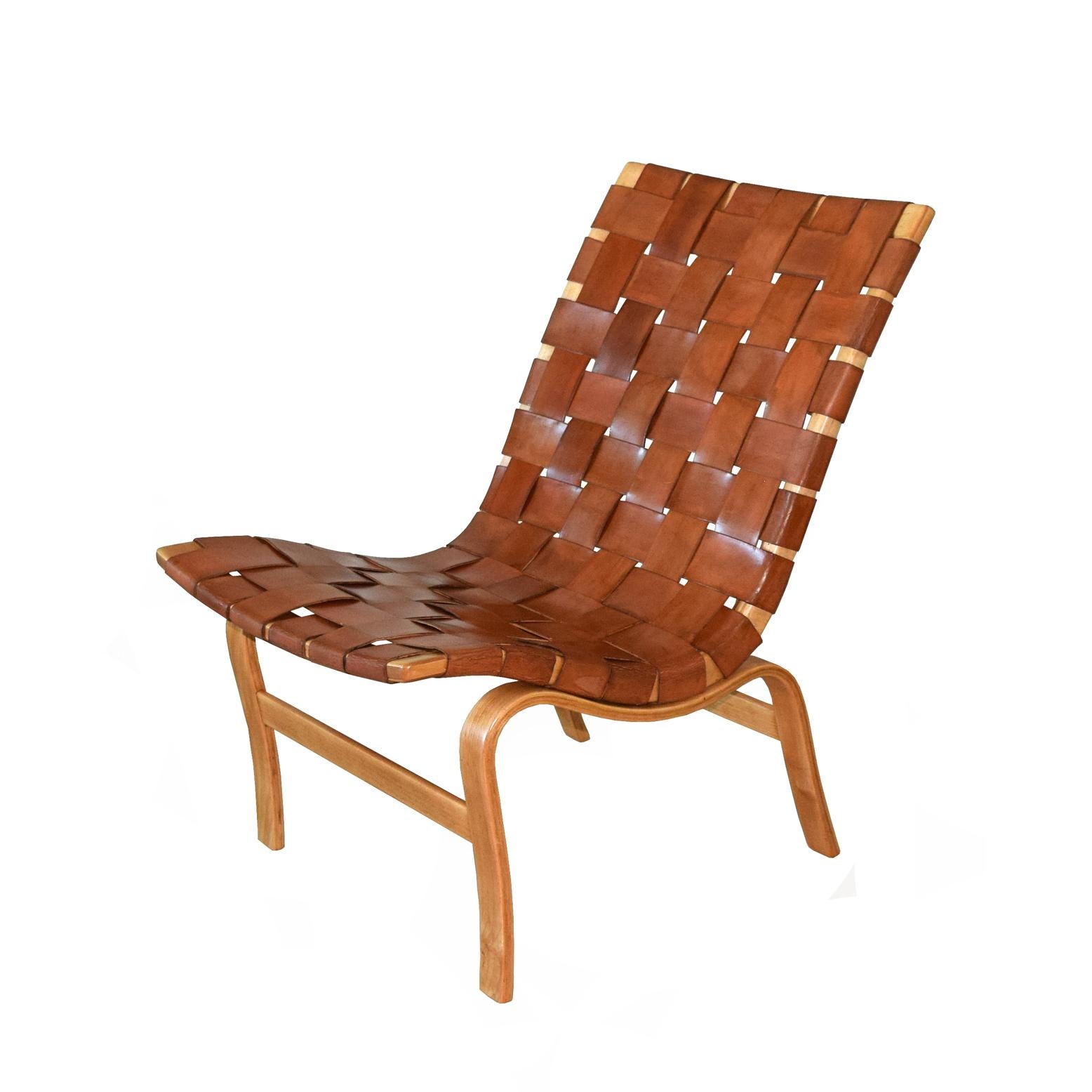Rare orly production model 41, 1939 Eva chair, designed by Bruno Mathsson for Karl Mathsson, labeled, stamped and hand signed by maker. Leather webbing, birch leg frame.