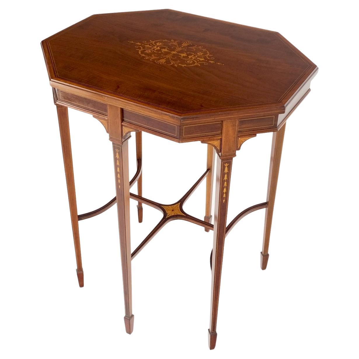 American Very Ornate Delicate Lines Walnut Inlay Stretched Hexagon Lamp Side Table Mint For Sale