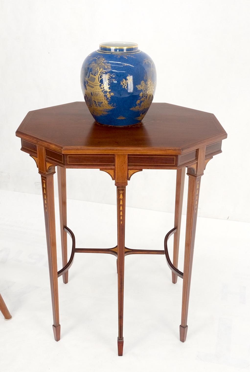 Lacquered Very Ornate Delicate Lines Walnut Inlay Stretched Hexagon Lamp Side Table Mint For Sale