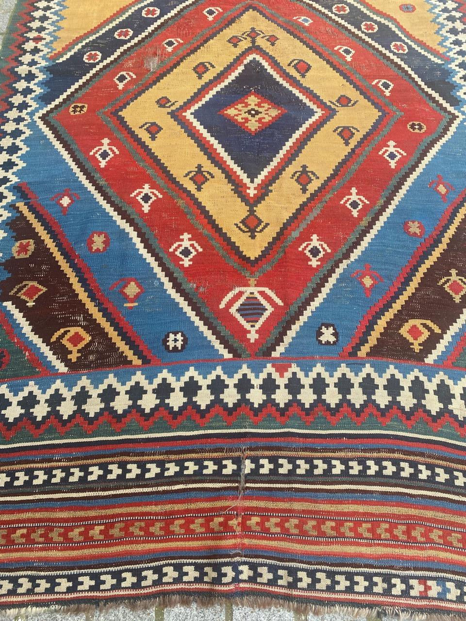 Very beautiful late 19th century tribal qashqai Kilim with beautiful geometrical design and nice natural colors, entirely hand woven with wool on wool foundation.