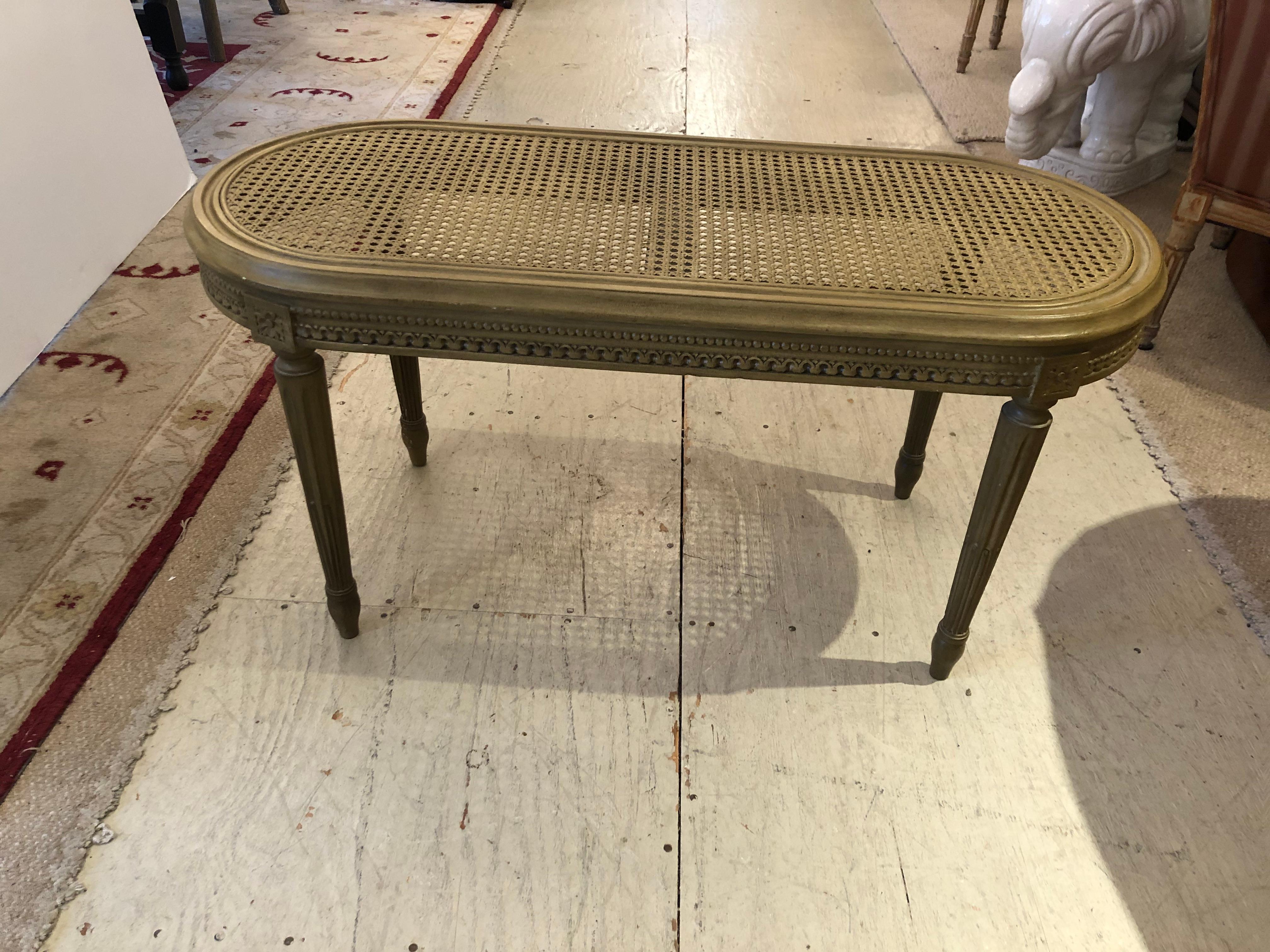 Mid-20th Century Very Pretty French Beige Painted Oval Caned Bench with Custom Tapestry Cushion