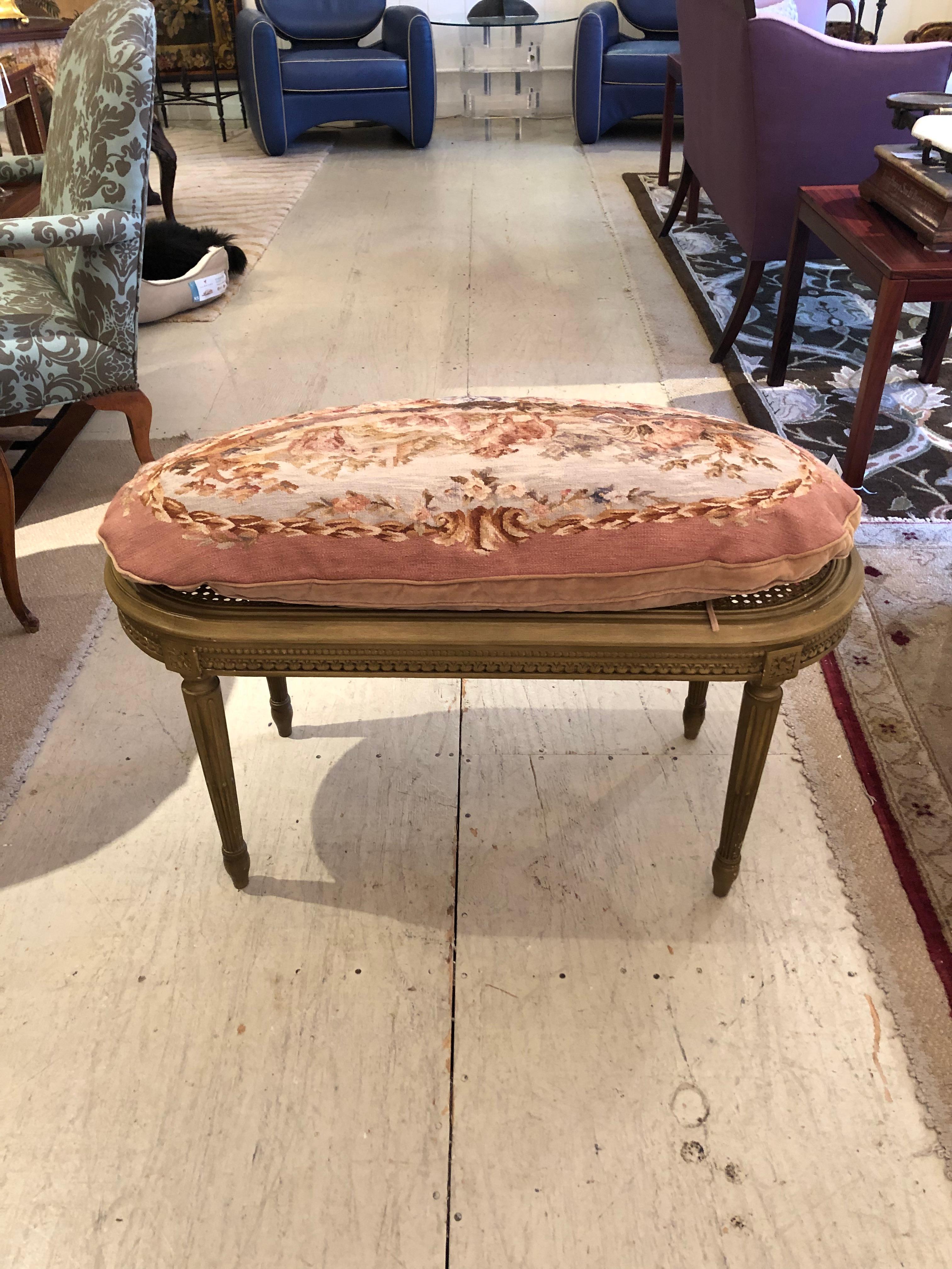 Very Pretty French Beige Painted Oval Caned Bench with Custom Tapestry Cushion 1