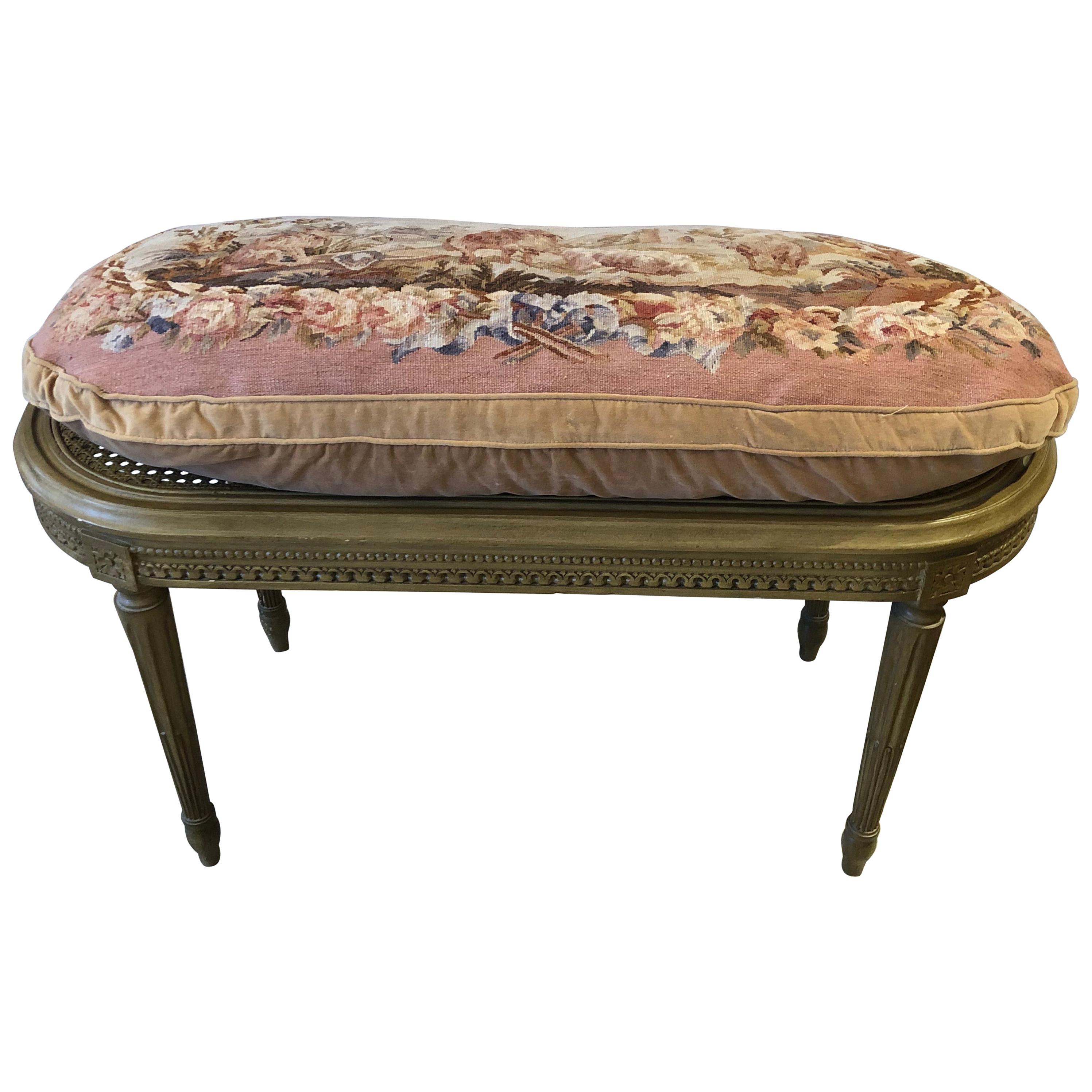 Very Pretty French Beige Painted Oval Caned Bench with Custom Tapestry Cushion