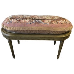 Very Pretty French Beige Painted Oval Caned Bench with Custom Tapestry Cushion