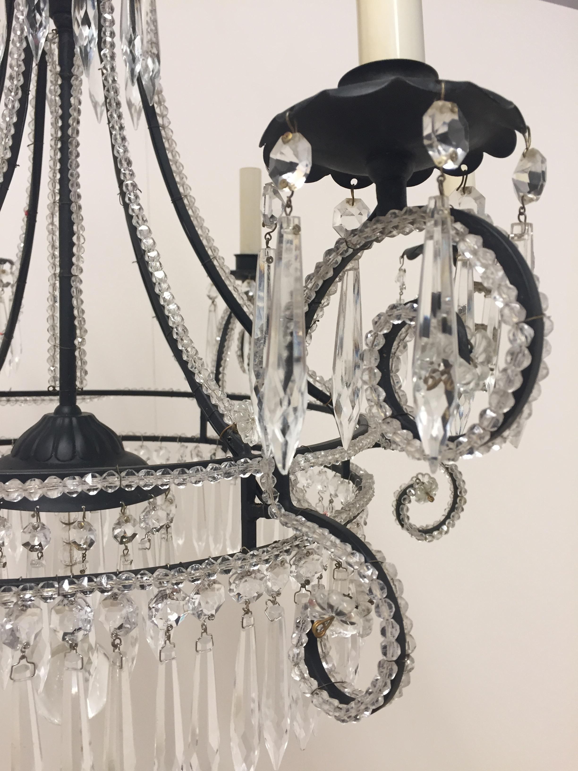 Very Pretty French Iron and Crystal Chandelier In Excellent Condition For Sale In Hopewell, NJ