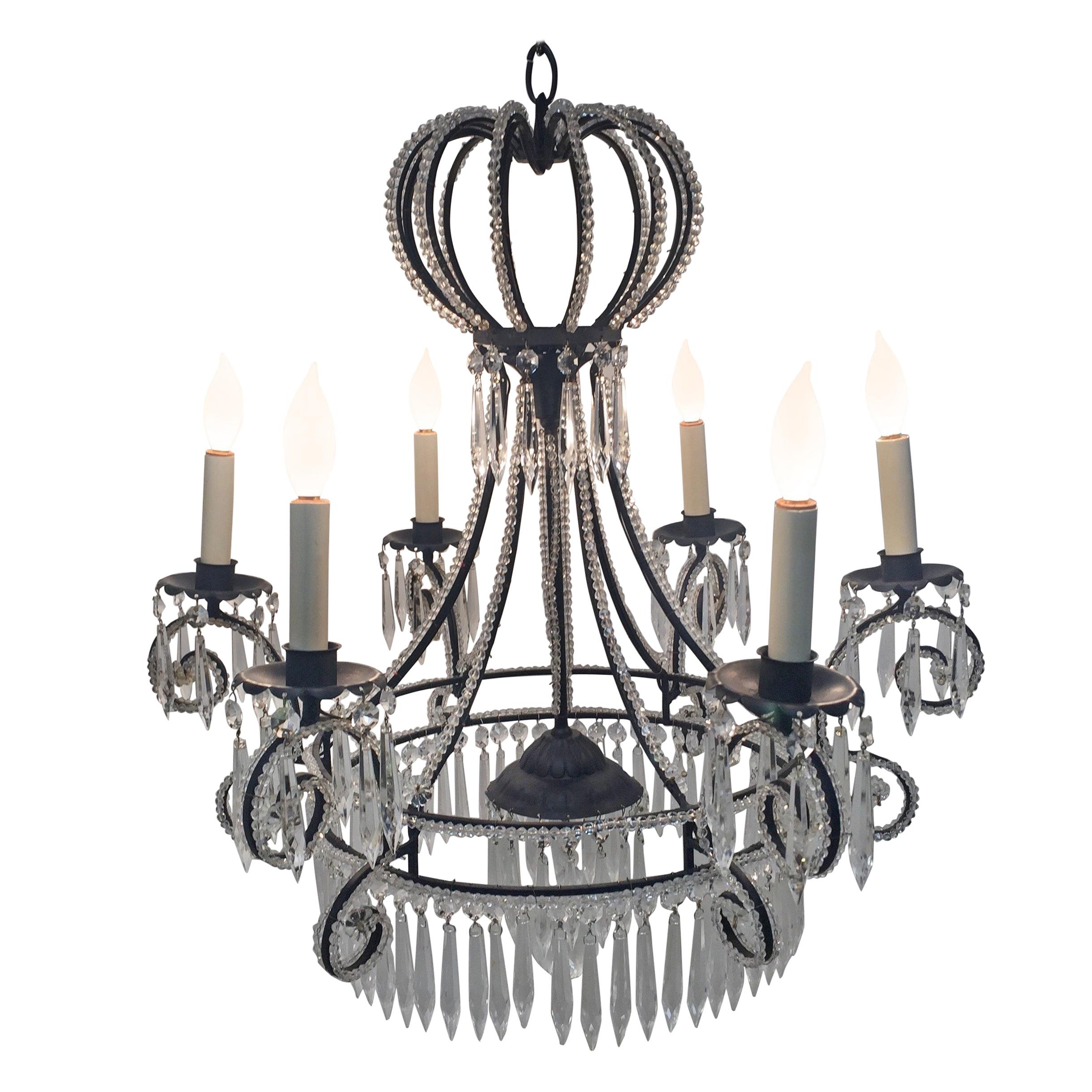 Very Pretty French Iron and Crystal Chandelier For Sale