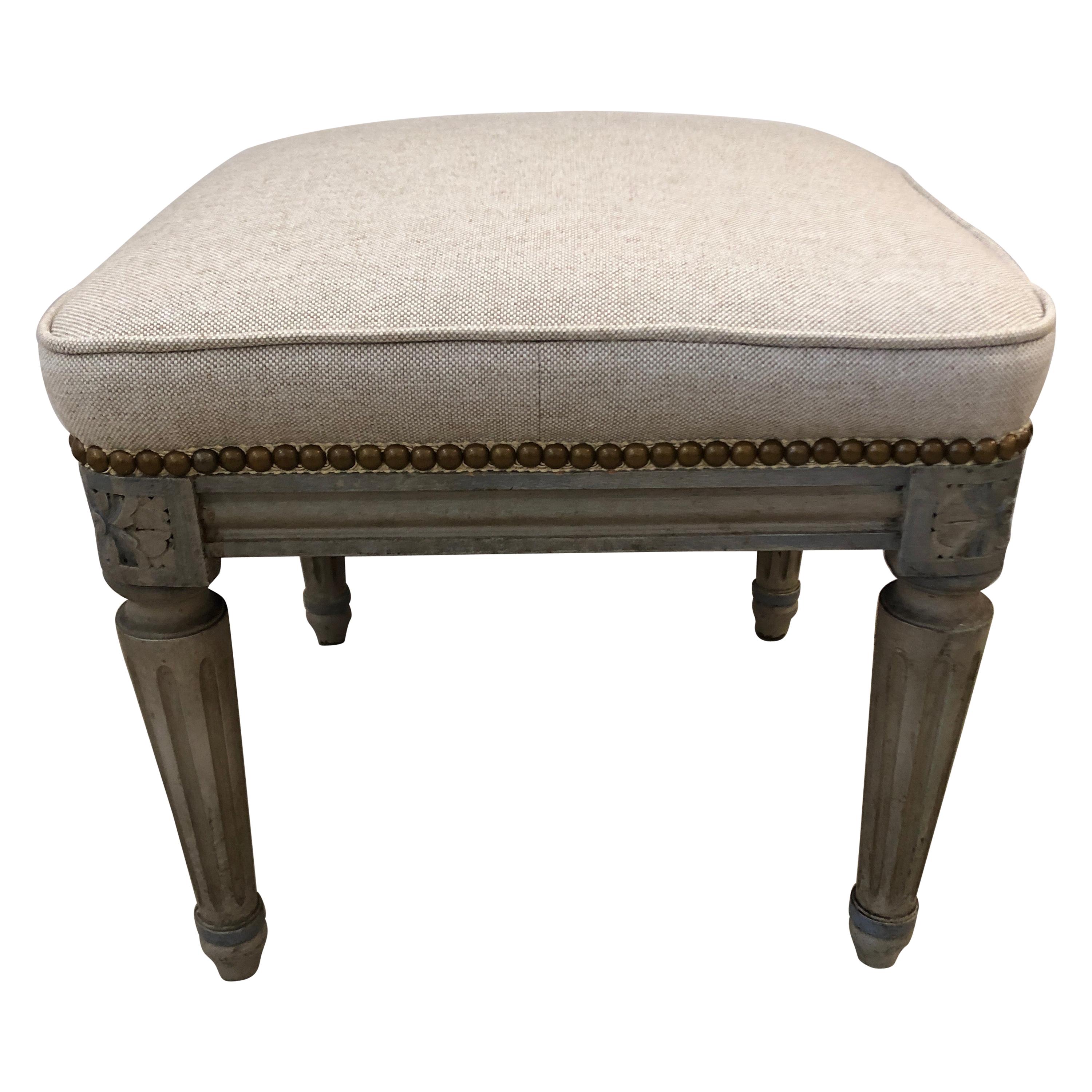 Very Pretty French Louis XVI Painted Ottoman Stool with New Upholstery For Sale