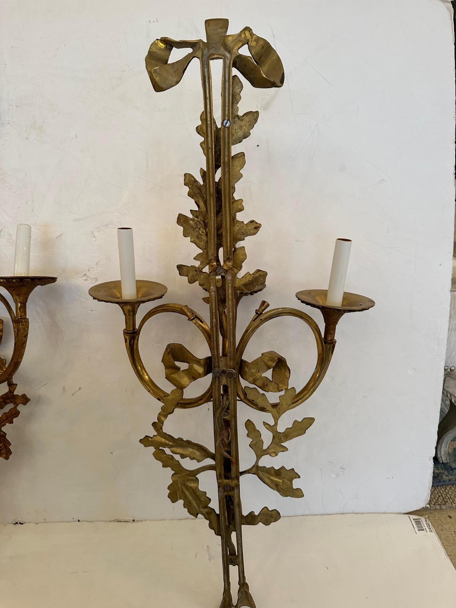 Very Pretty Large Aged Brass French Wall Sconces For Sale 8