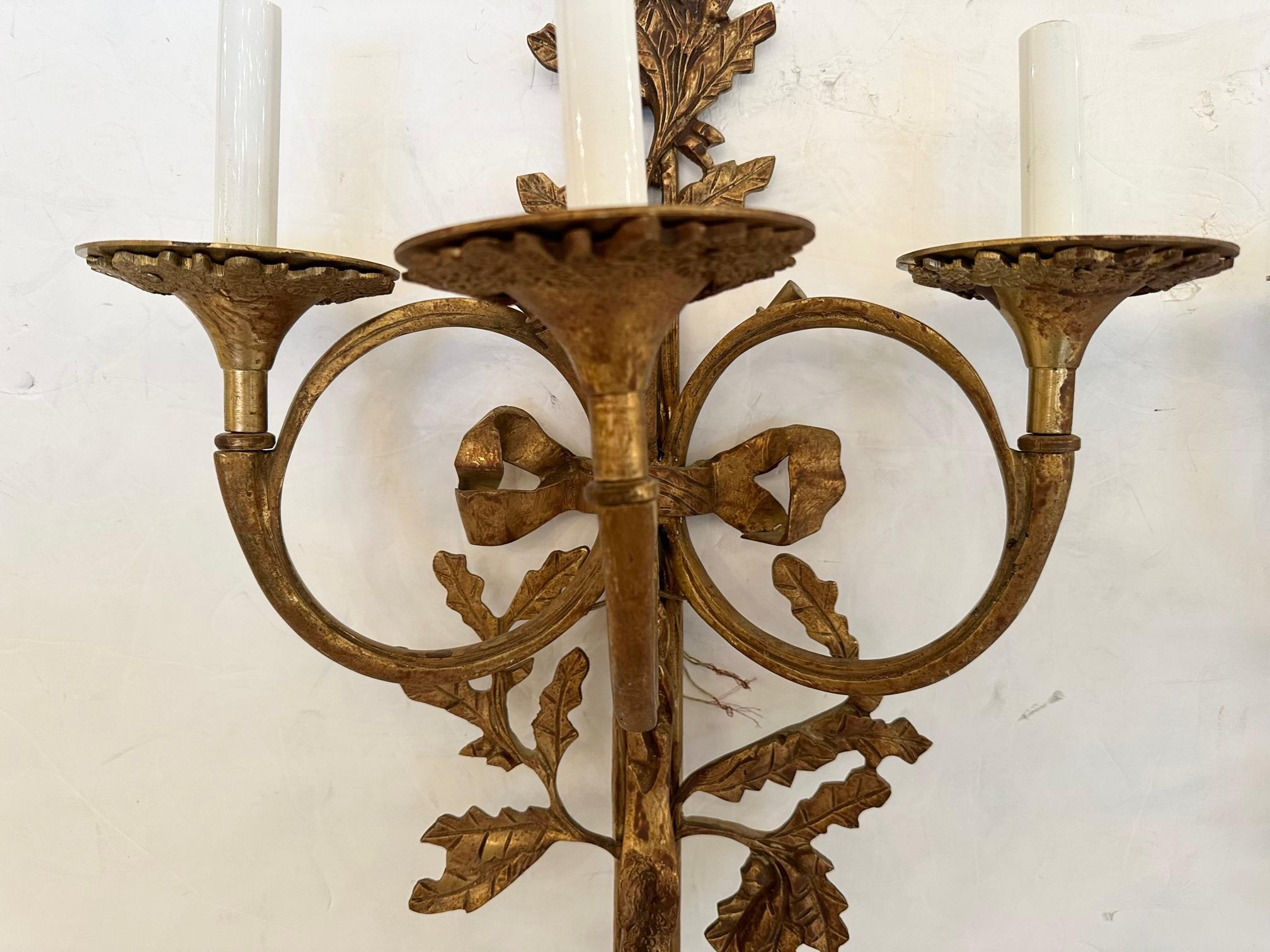 Very Pretty Large Aged Brass French Wall Sconces For Sale 3