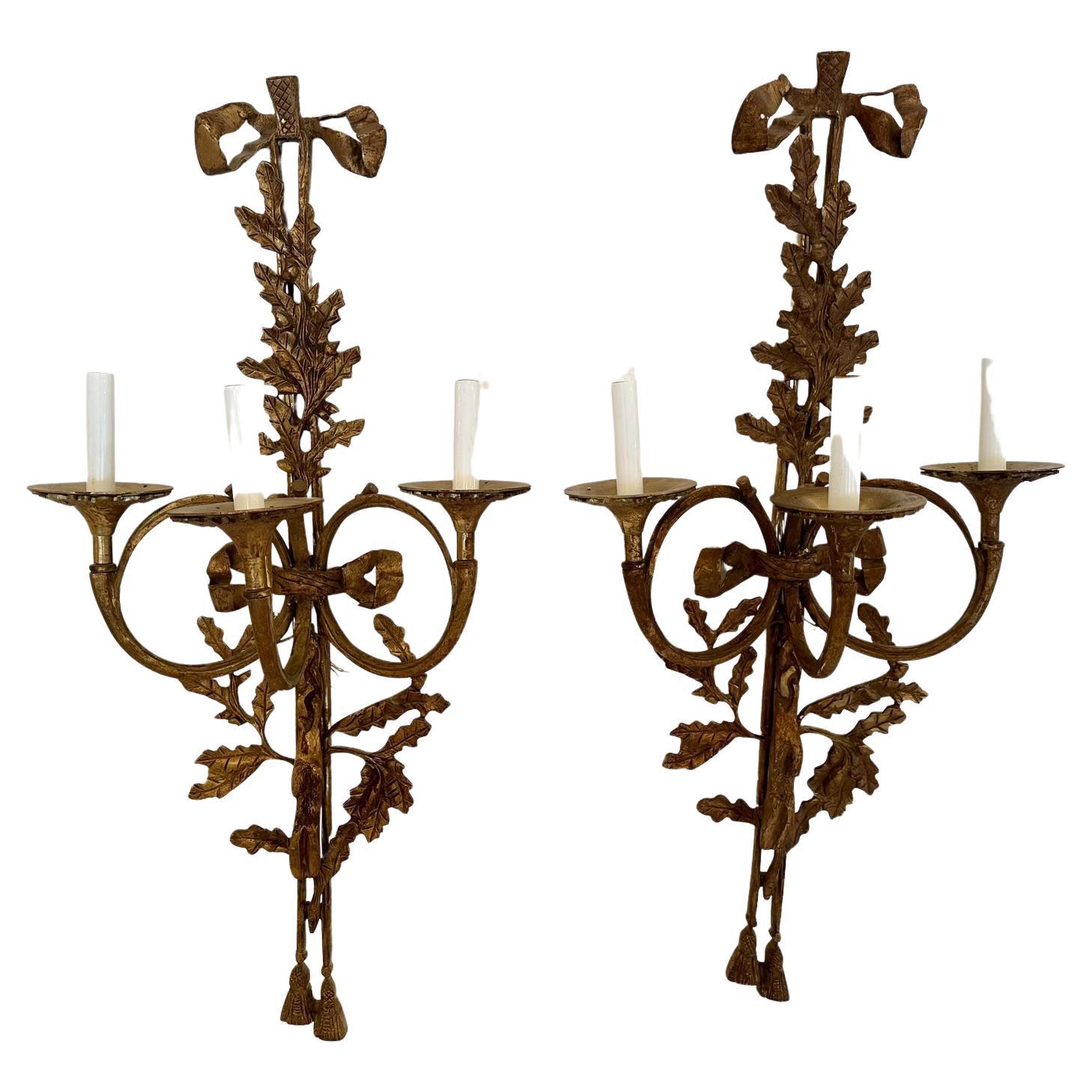Very Pretty Large Aged Brass French Wall Sconces For Sale