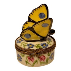 Very Pretty Limoges France Hand Painted "Butterfly" Top Porcelain Trinket Box