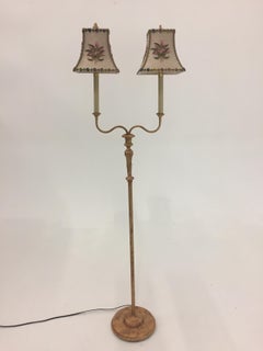 Very Pretty Two-Arm Gilt Metal Floor Lamp with Hand Embroidered Shades
