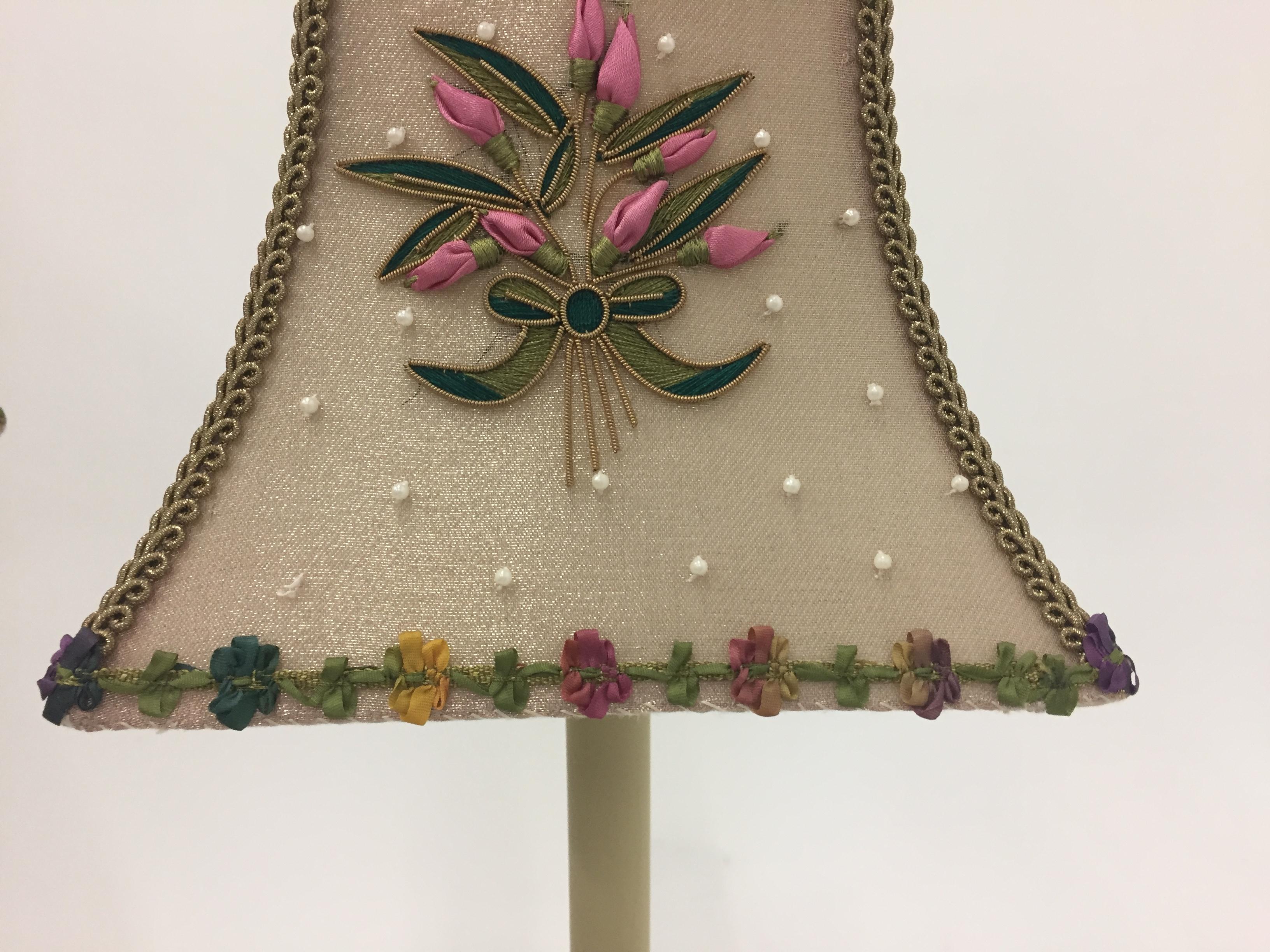 Very Pretty Two-Arm Gilt Metal Floor Lamp with Hand Embroidered Shades In Excellent Condition For Sale In Hopewell, NJ