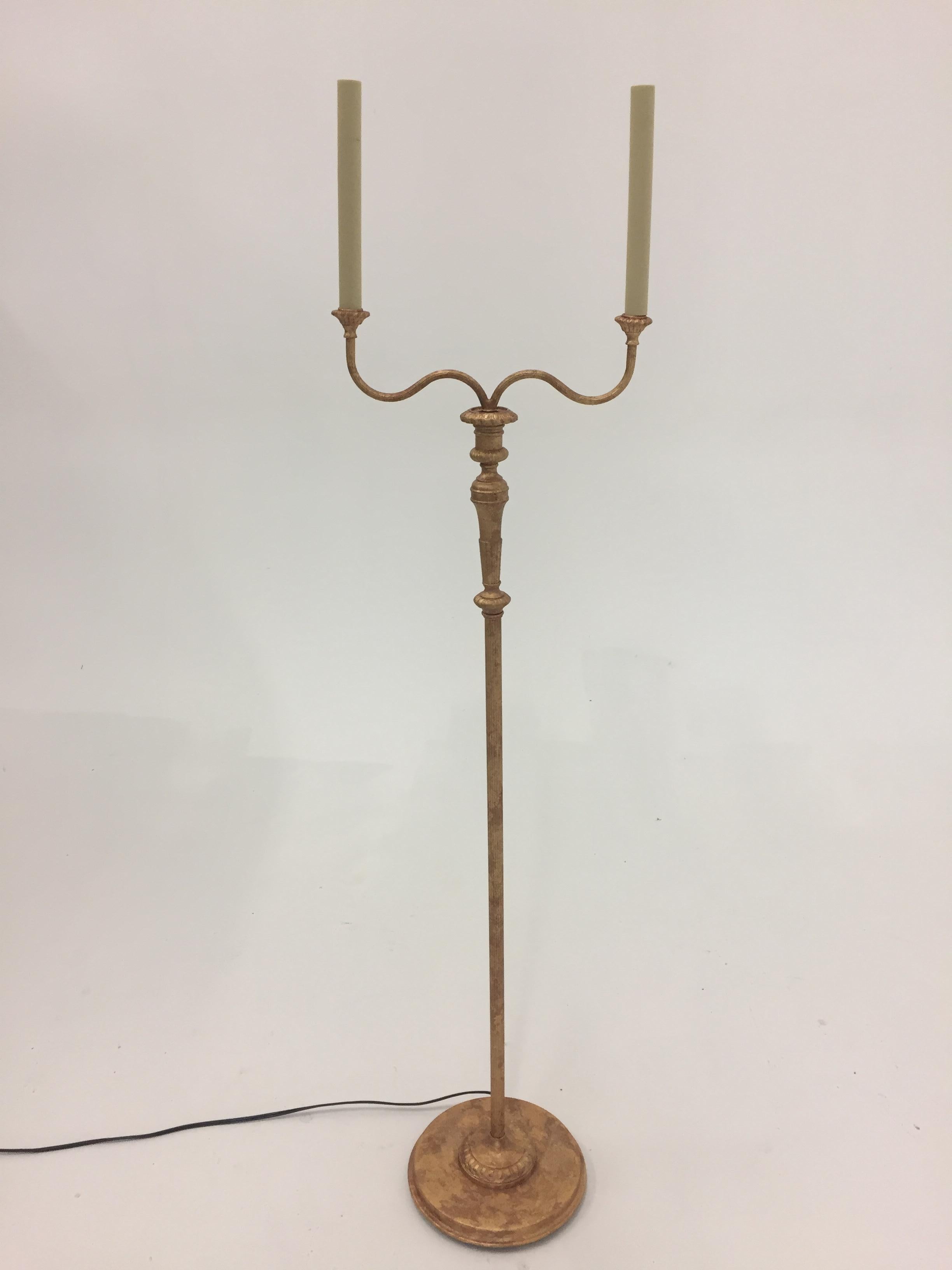 Very Pretty Two-Arm Gilt Metal Floor Lamp with Hand Embroidered Shades For Sale 1
