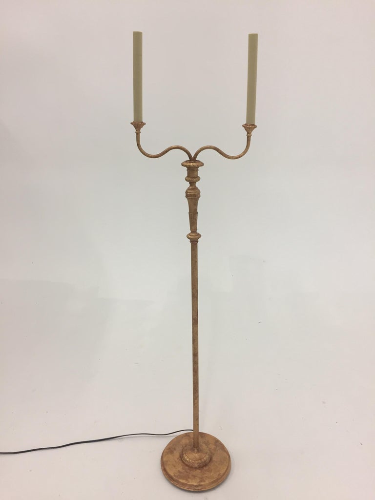 Very Pretty TwoArm Gilt Metal Floor Lamp with Hand Embroidered Shades
