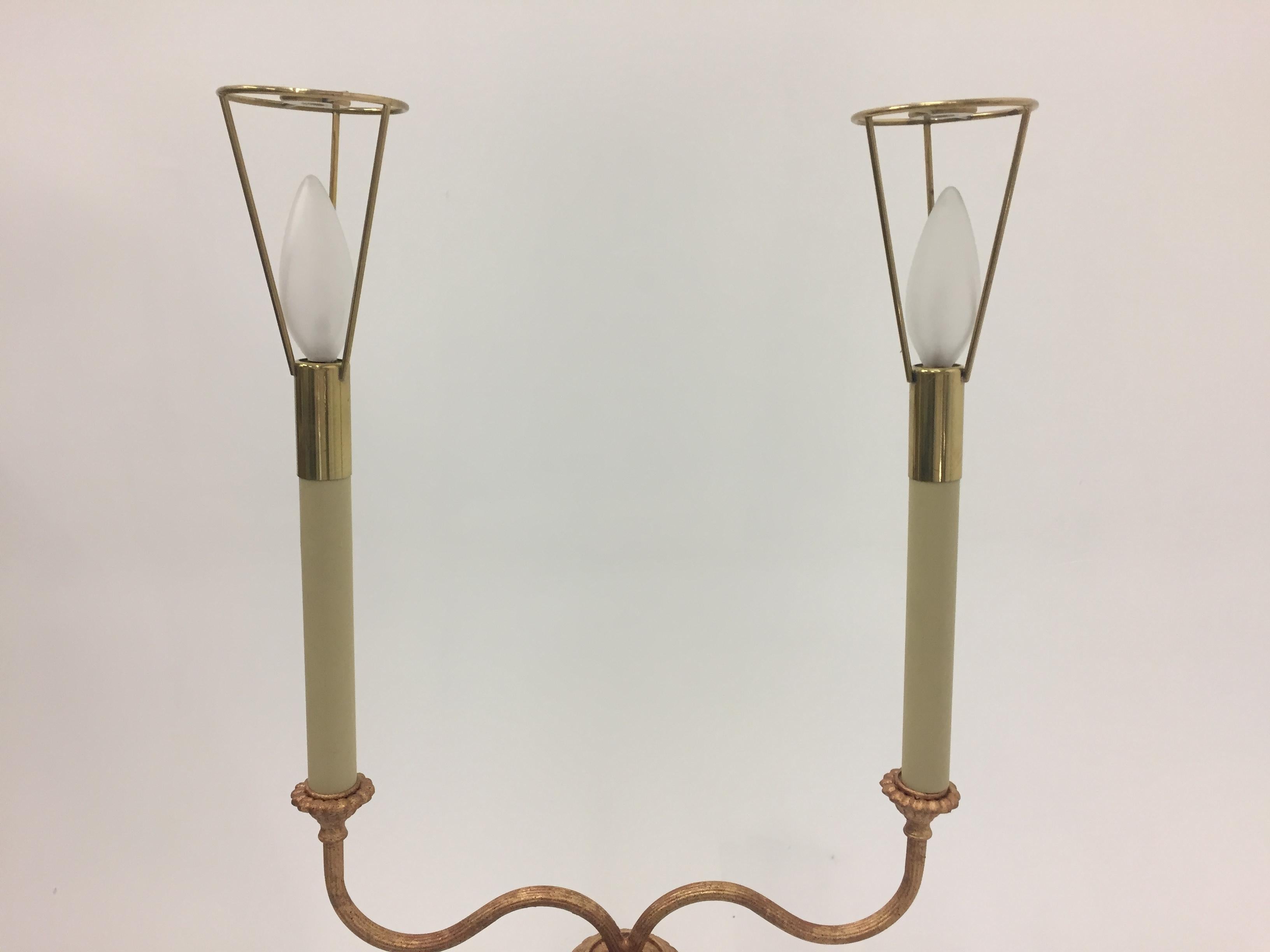 Very Pretty Two-Arm Gilt Metal Floor Lamp with Hand Embroidered Shades For Sale 2