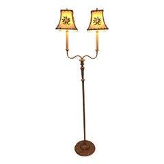 Vintage Very Pretty Two-Arm Gilt Metal Floor Lamp with Hand Embroidered Shades
