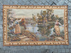 Bobyrug’s Very Pretty Vintage Aubusson Style French Halluin Jaquar Tapestry