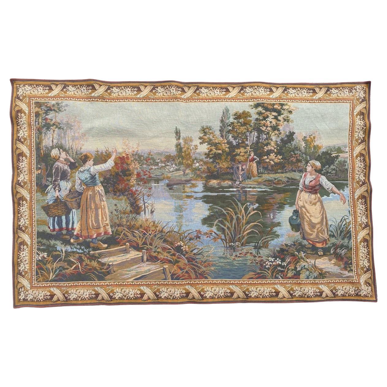 Bobyrug’s Very Pretty Vintage Aubusson Style French Halluin Jaquar Tapestry For Sale