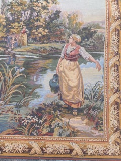 Bobyrug’s Pretty Vintage Aubusson Style French Halluin Manufacturing Tapestry