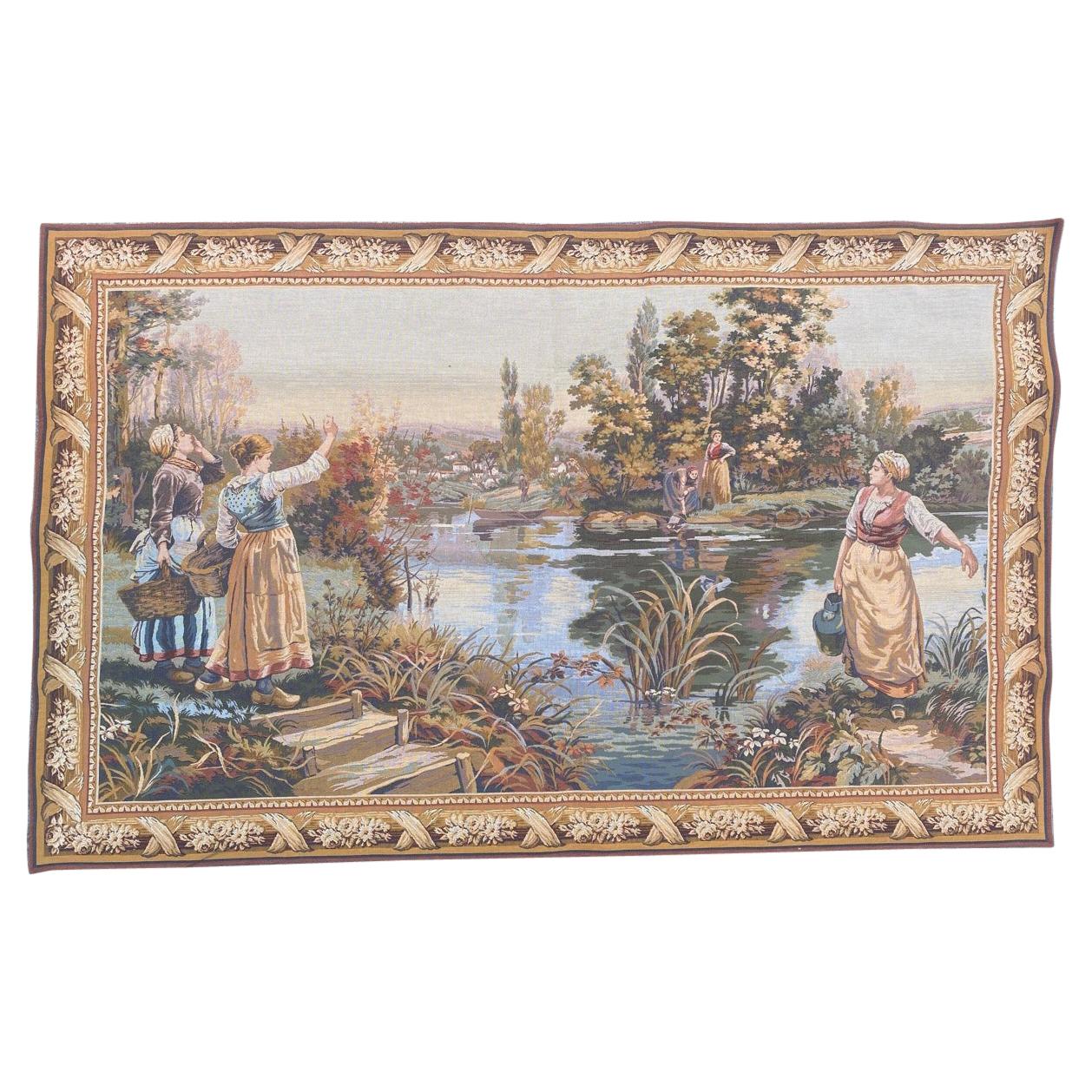 Bobyrug’s Pretty Vintage Aubusson Style French Halluin Manufacturing Tapestry For Sale