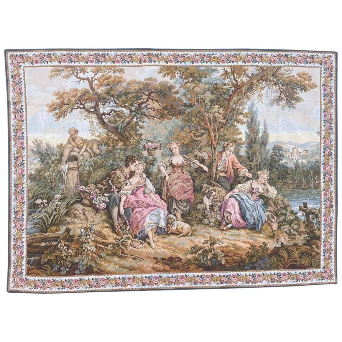 Very Pretty Vintage Aubusson Style French Halluin Manufacturing Tapestry