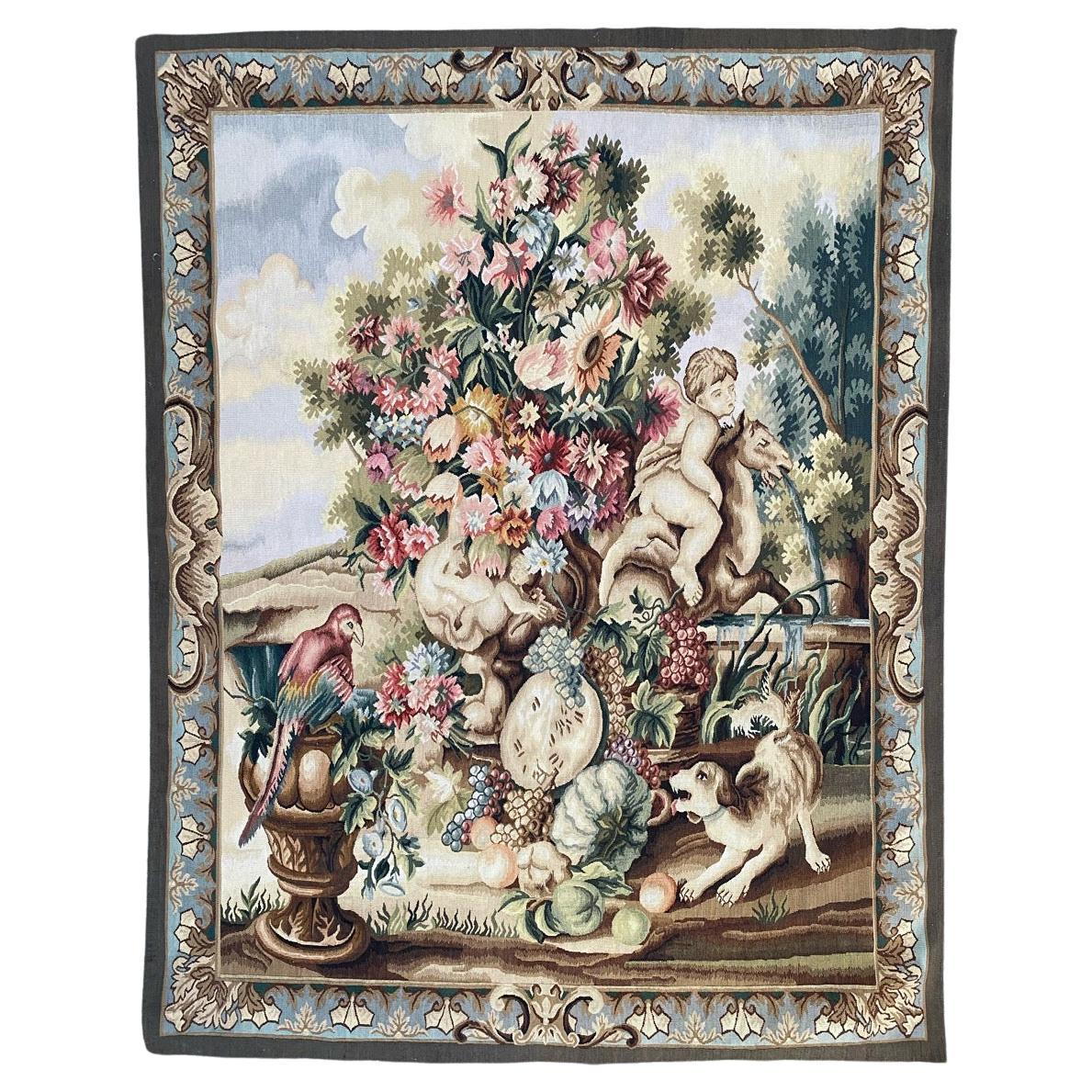 Bobyrug’s Very Pretty Vintage Aubusson Style Tapestry For Sale