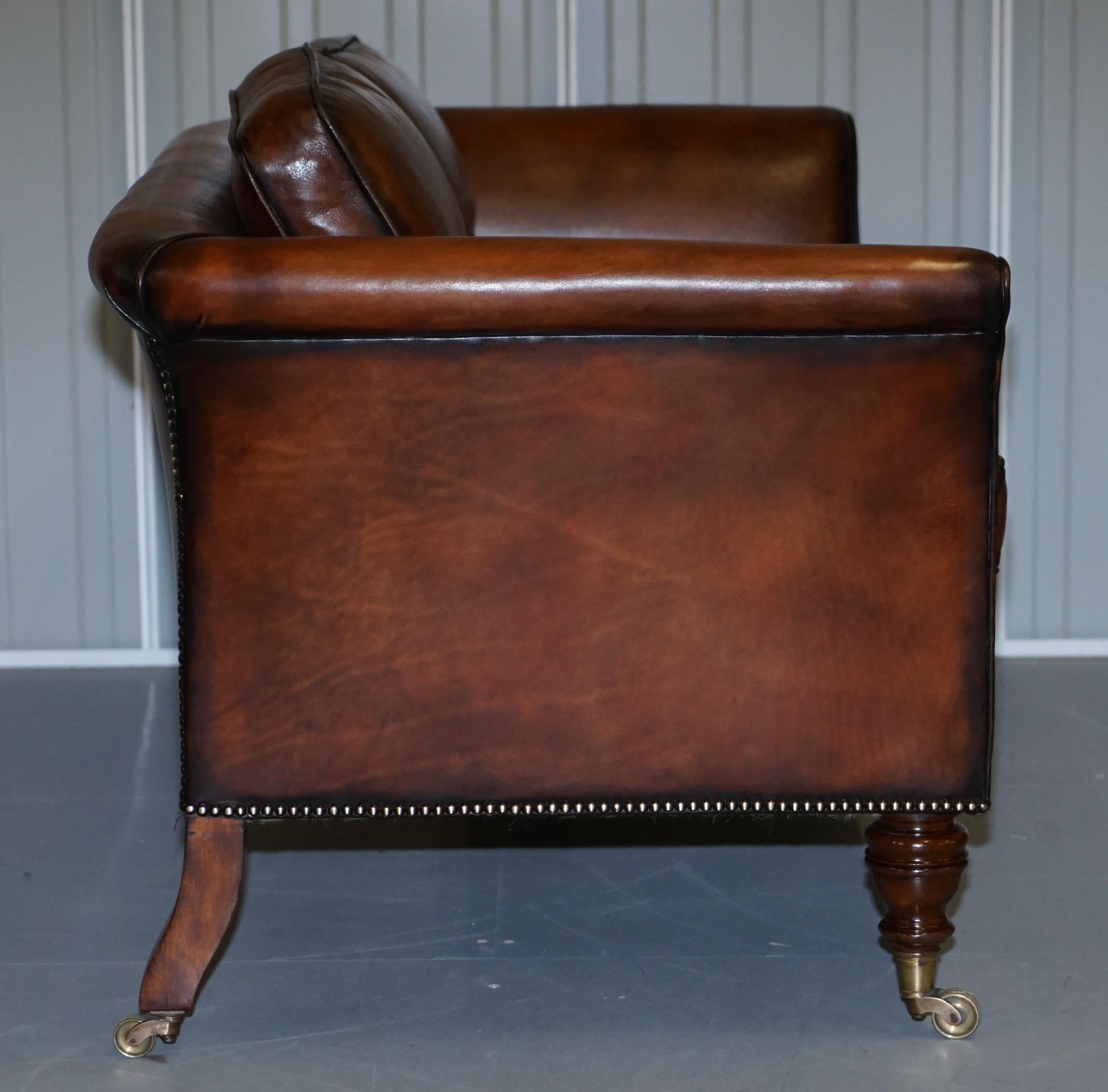 Very Rare Victorian Howard & Sons Fully Restored Brown Leather Sofa For Sale 3