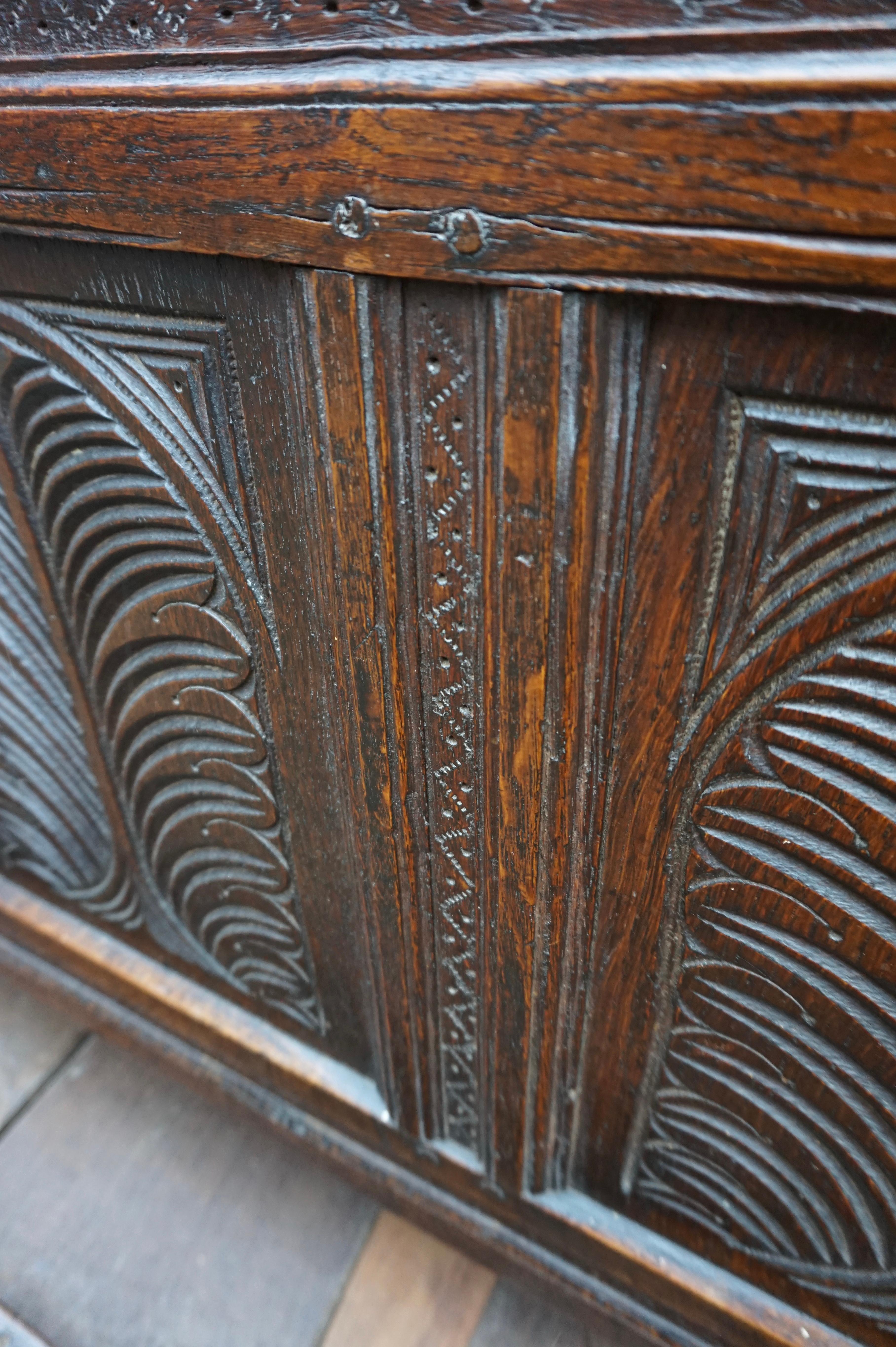 Very Rare 15th C. Medieval English Carved Solid Oak Dowry Coffer with Drawer For Sale 4