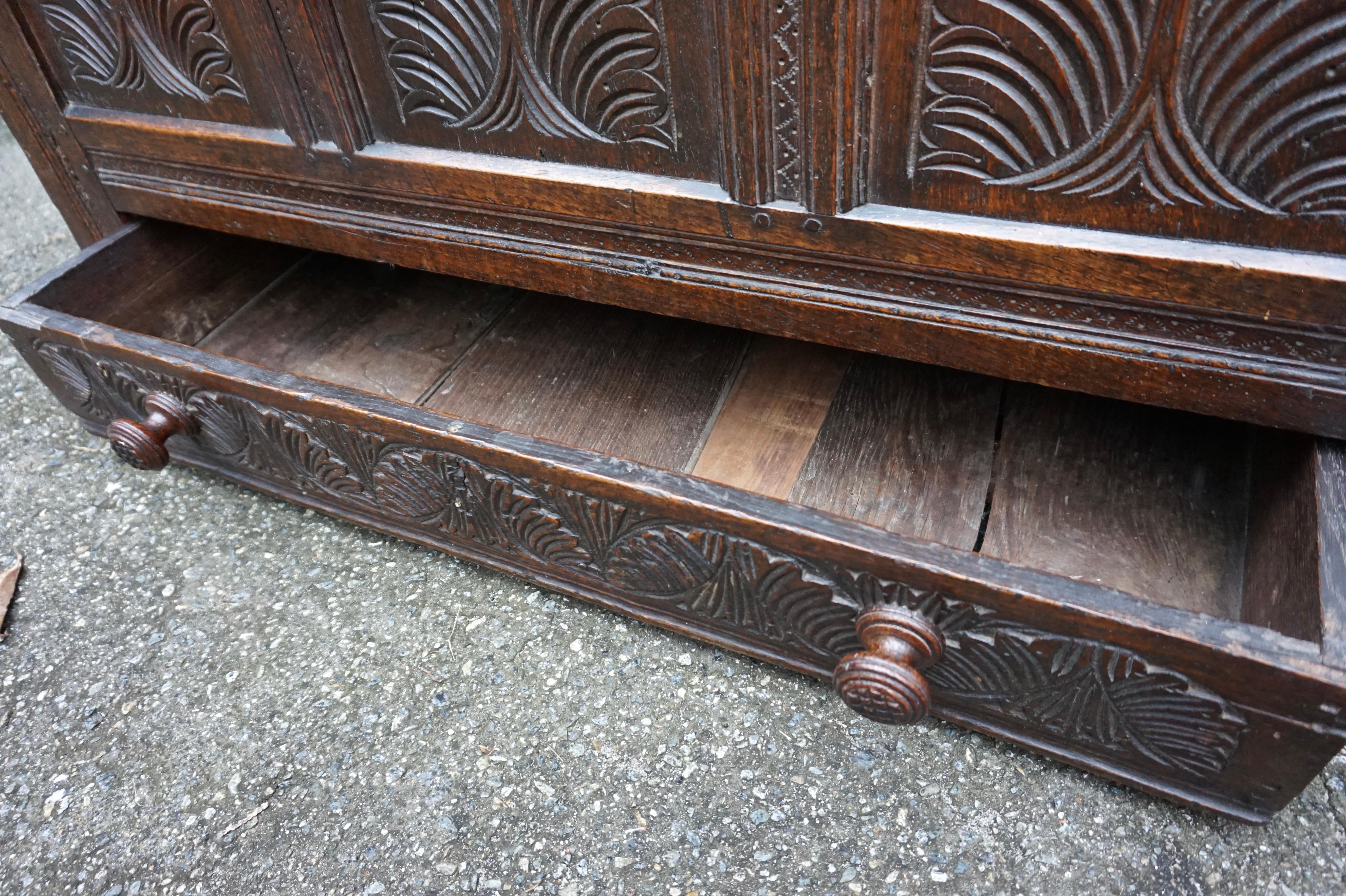 Very Rare 15th C. Medieval English Carved Solid Oak Dowry Coffer with Drawer For Sale 7