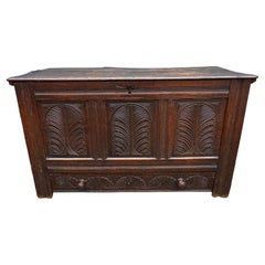 Very Rare 15th C. Medieval English Carved Solid Oak Dowry Coffer with Drawer