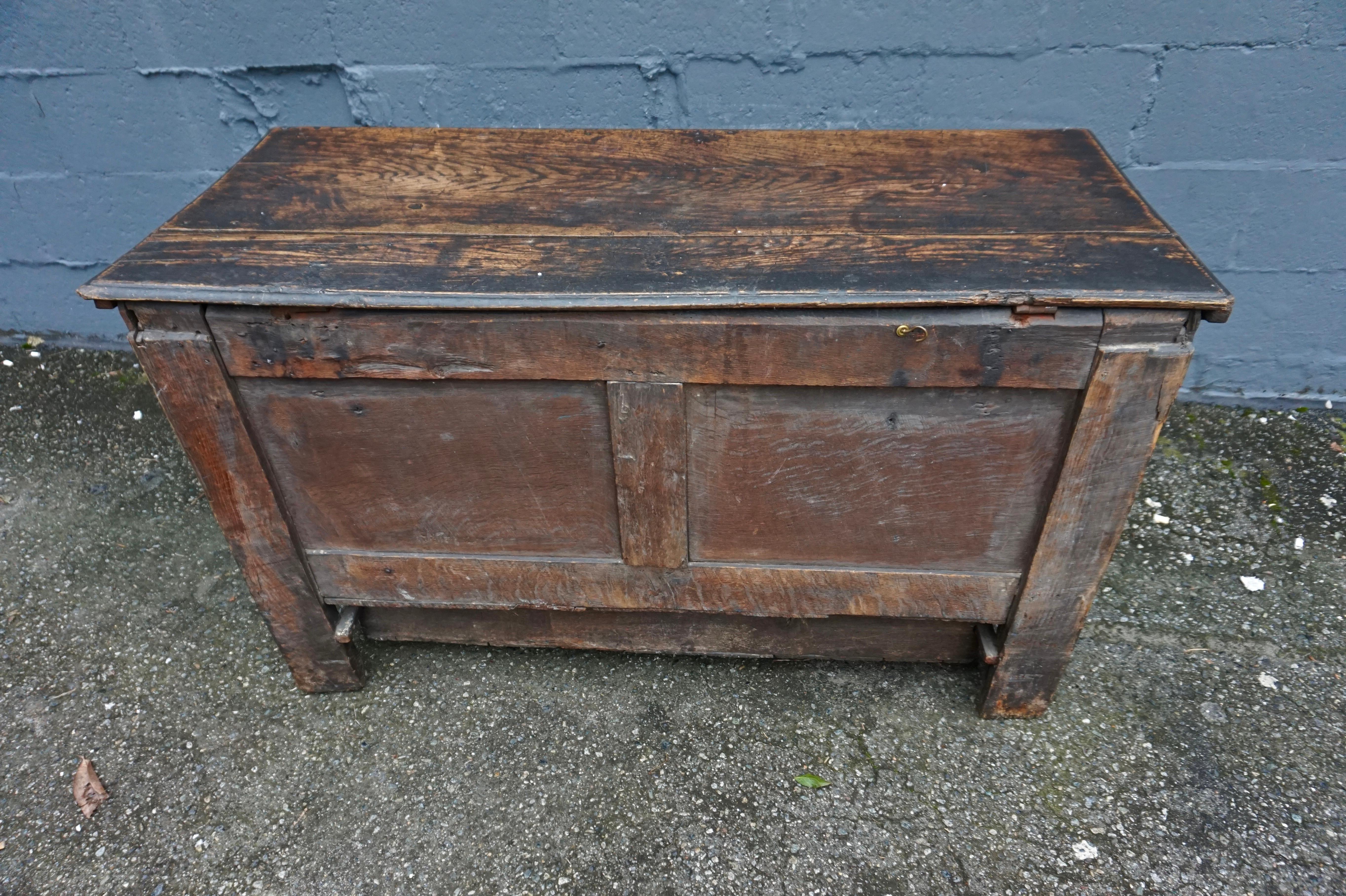 Very Rare 15th C. Medieval English Carved Solid Oak Dowry Coffer with Drawer For Sale 13