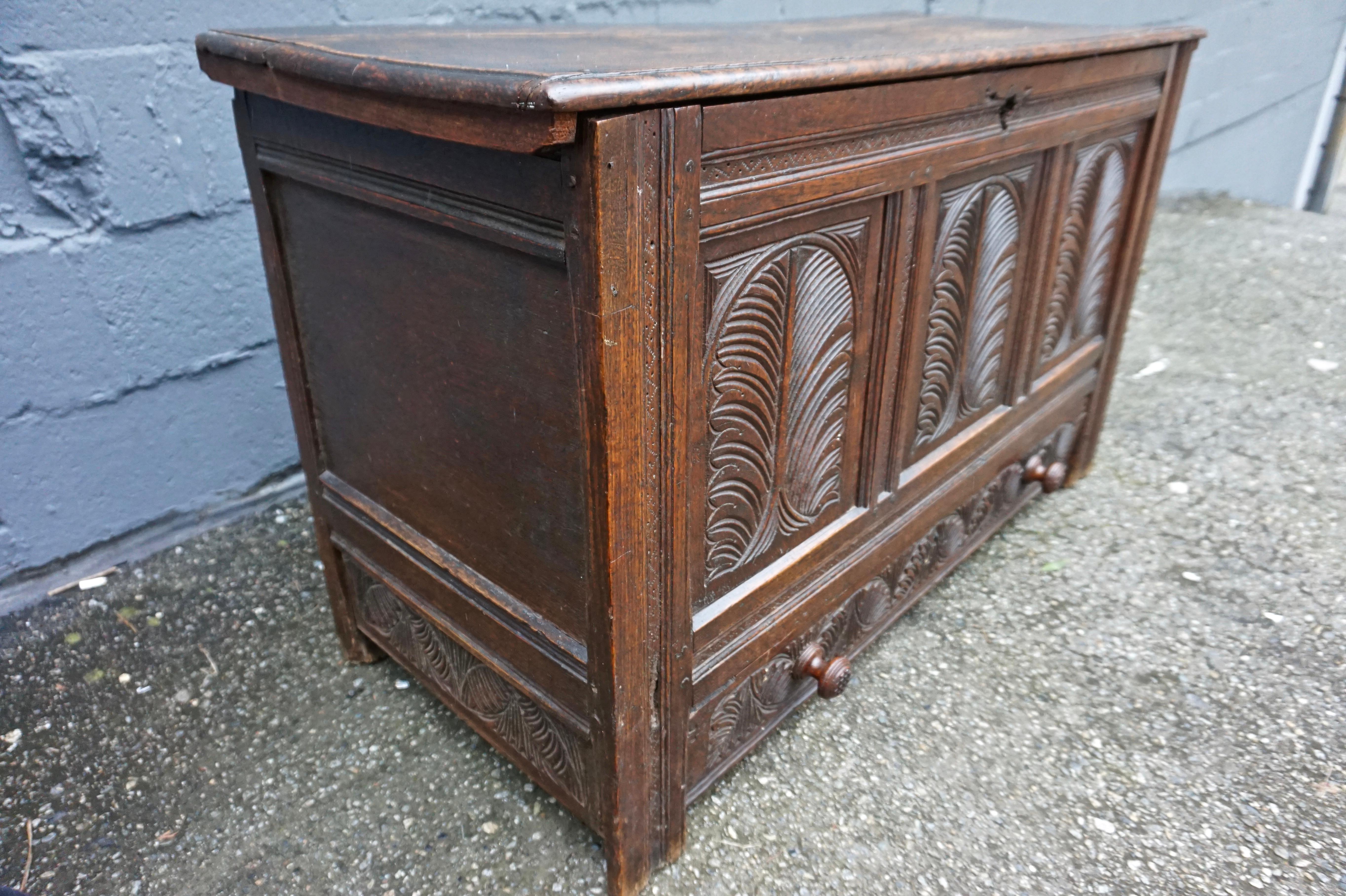 Hand-Carved Very Rare 15th C. Medieval English Carved Solid Oak Dowry Coffer with Drawer For Sale