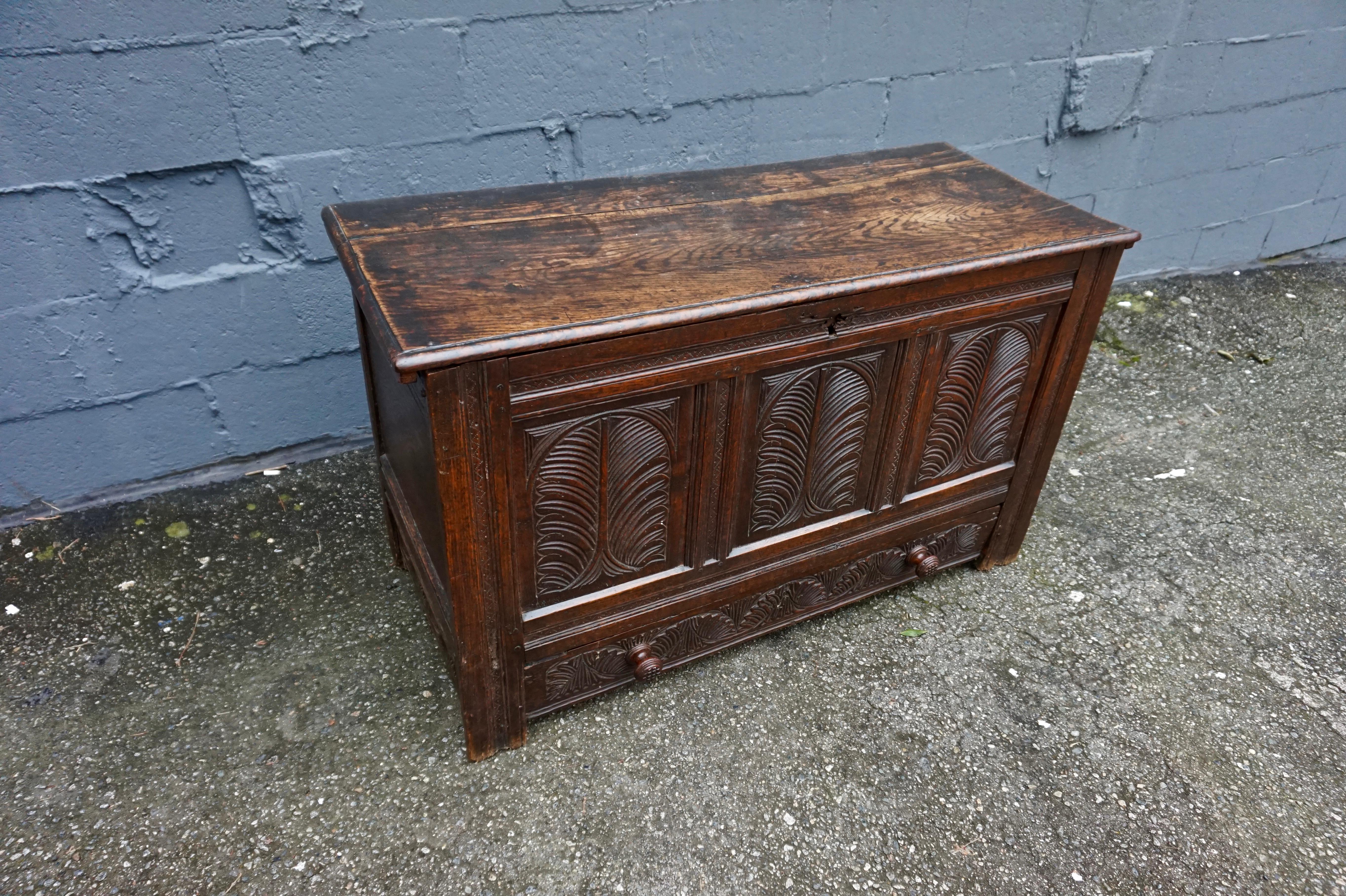 18th Century and Earlier Very Rare 15th C. Medieval English Carved Solid Oak Dowry Coffer with Drawer For Sale