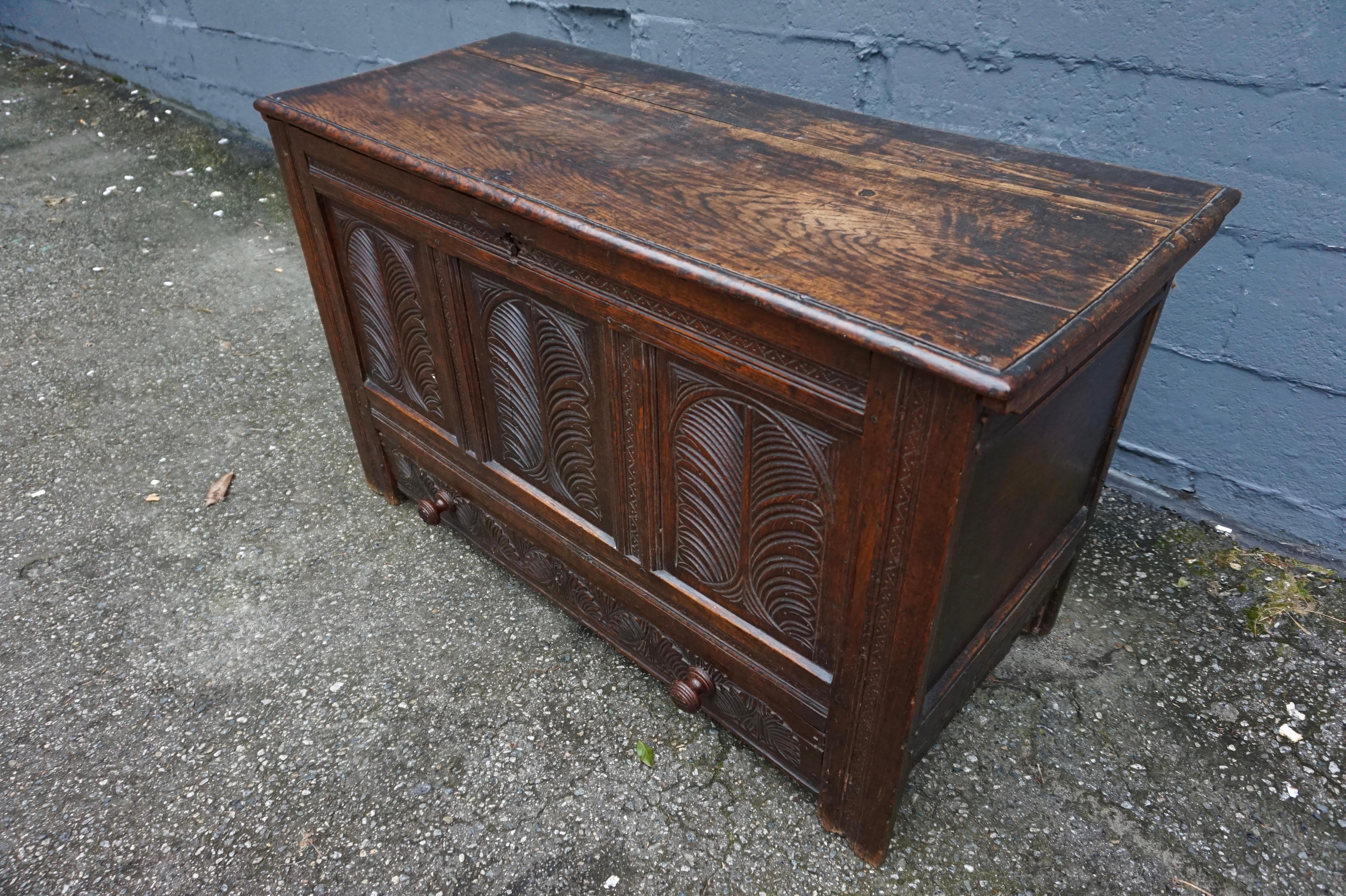 Very Rare 15th C. Medieval English Carved Solid Oak Dowry Coffer with Drawer For Sale 1