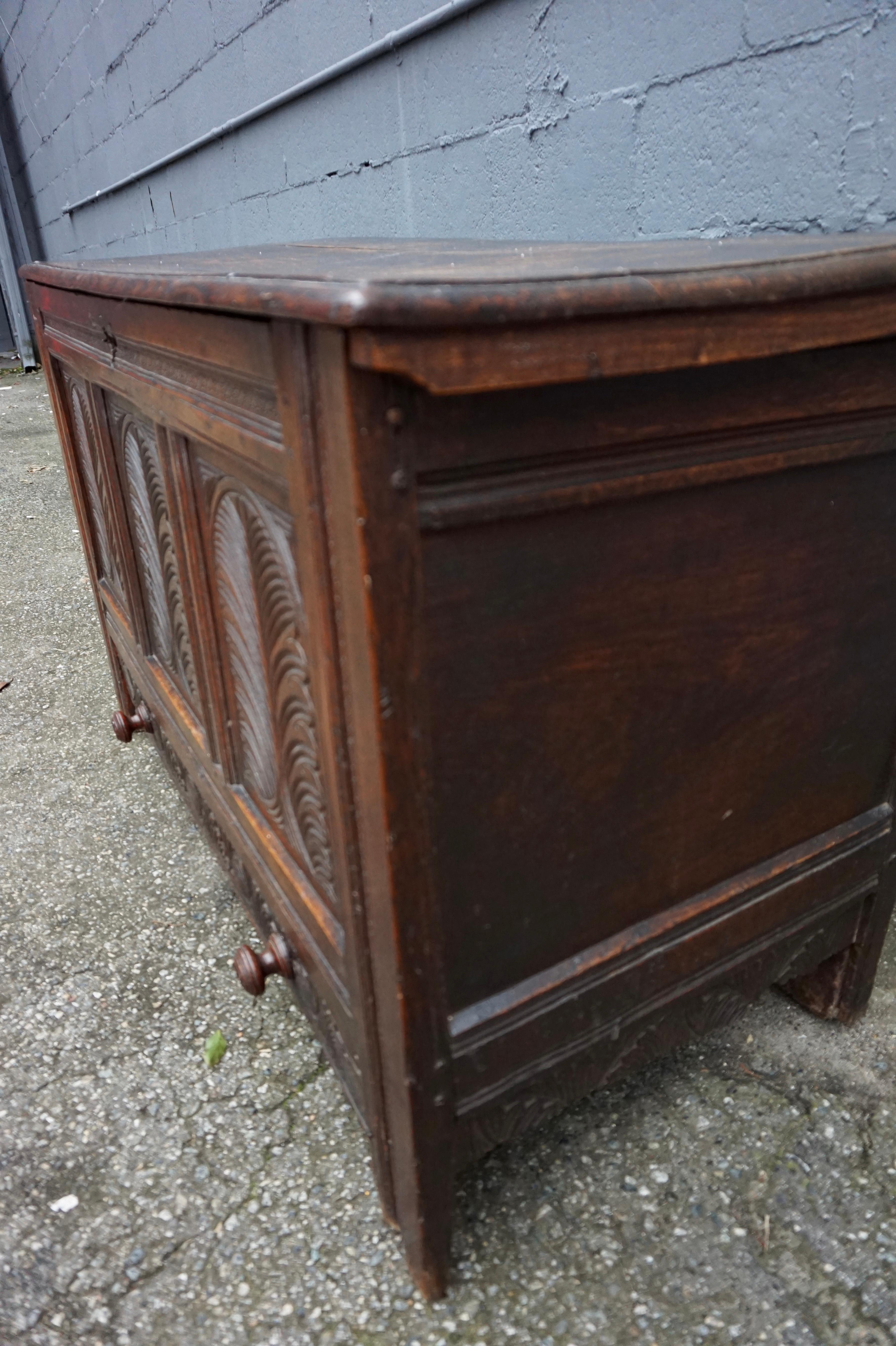 Very Rare 15th C. Medieval English Carved Solid Oak Dowry Coffer with Drawer For Sale 2