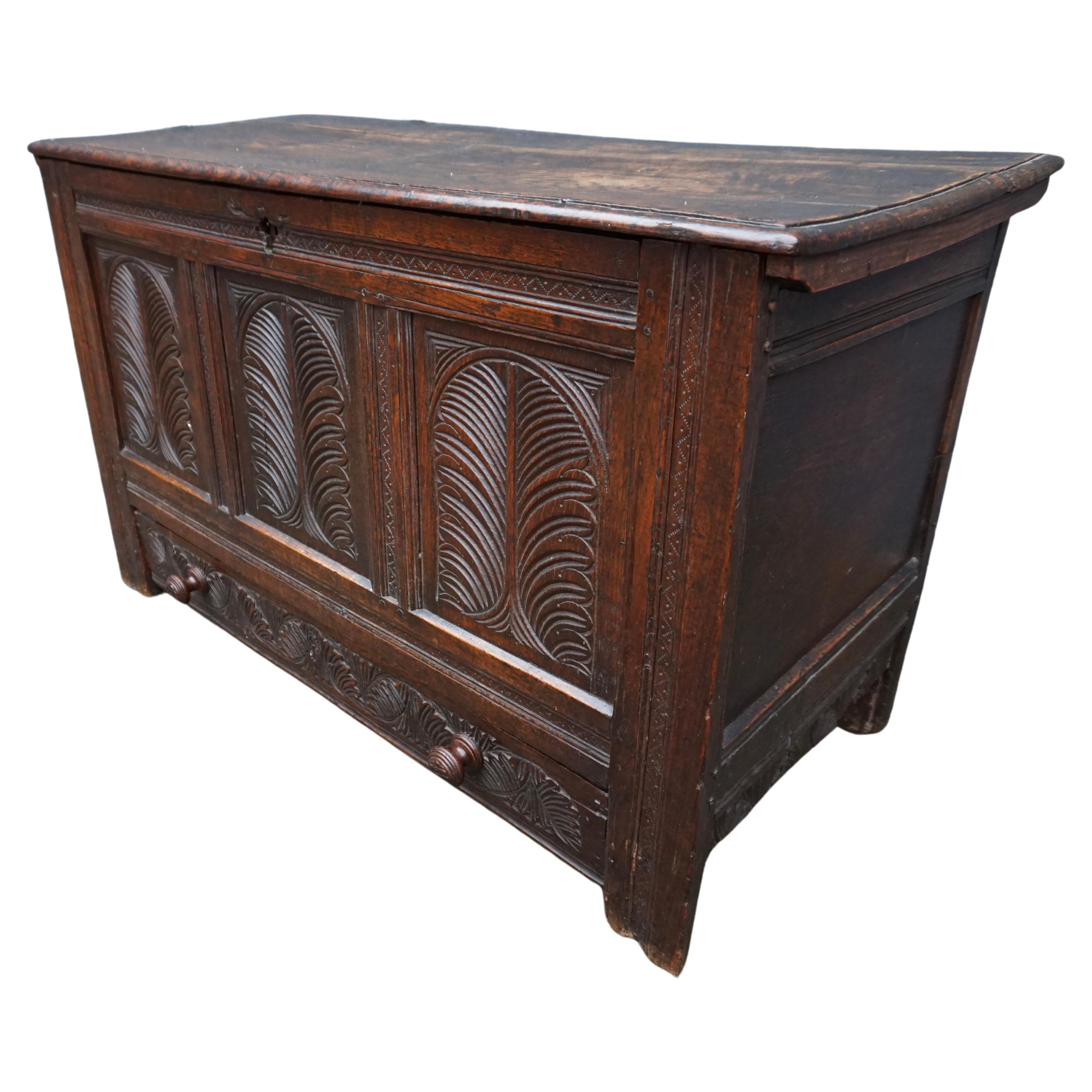 Very Rare 15th C. Medieval English Carved Solid Oak Dowry Coffer with Drawer For Sale