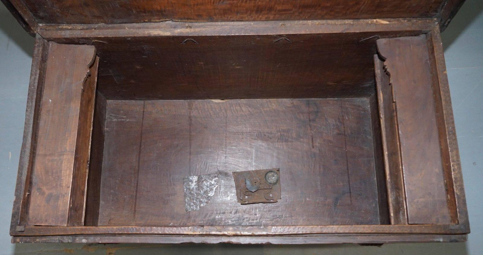 Very Rare 17th Century Walnut Spanish Chest or Trunk Hand-Carved Iron Bound Lock 4