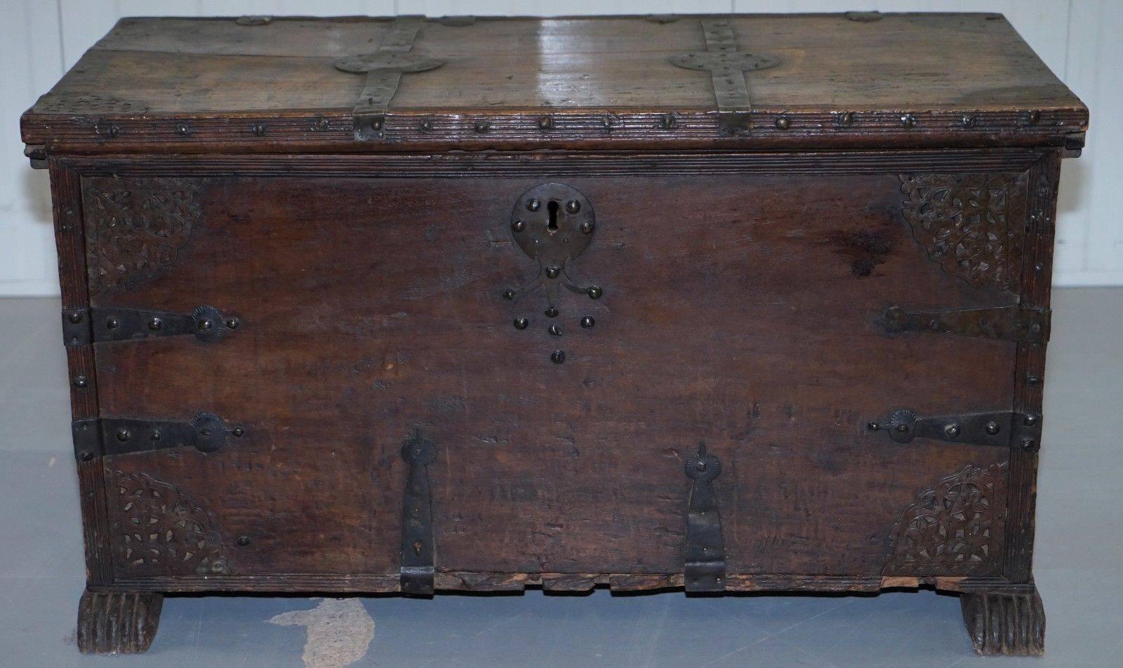18th Century and Earlier Very Rare 17th Century Walnut Spanish Chest or Trunk Hand-Carved Iron Bound Lock