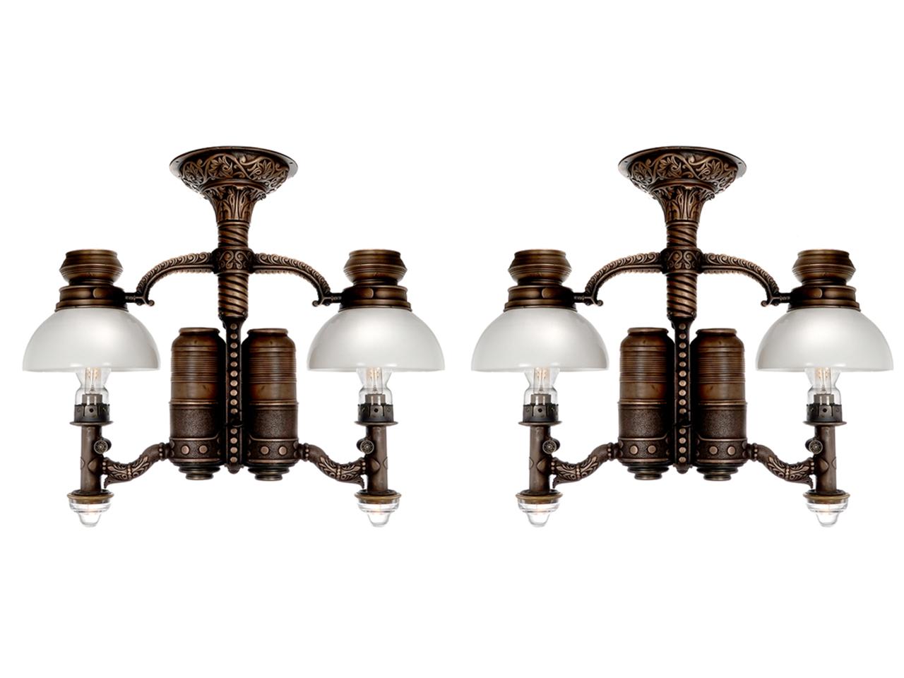 Bronze Very Rare 1800s Dayton Railroad Dining Car Double Chandelier, Matching Pair