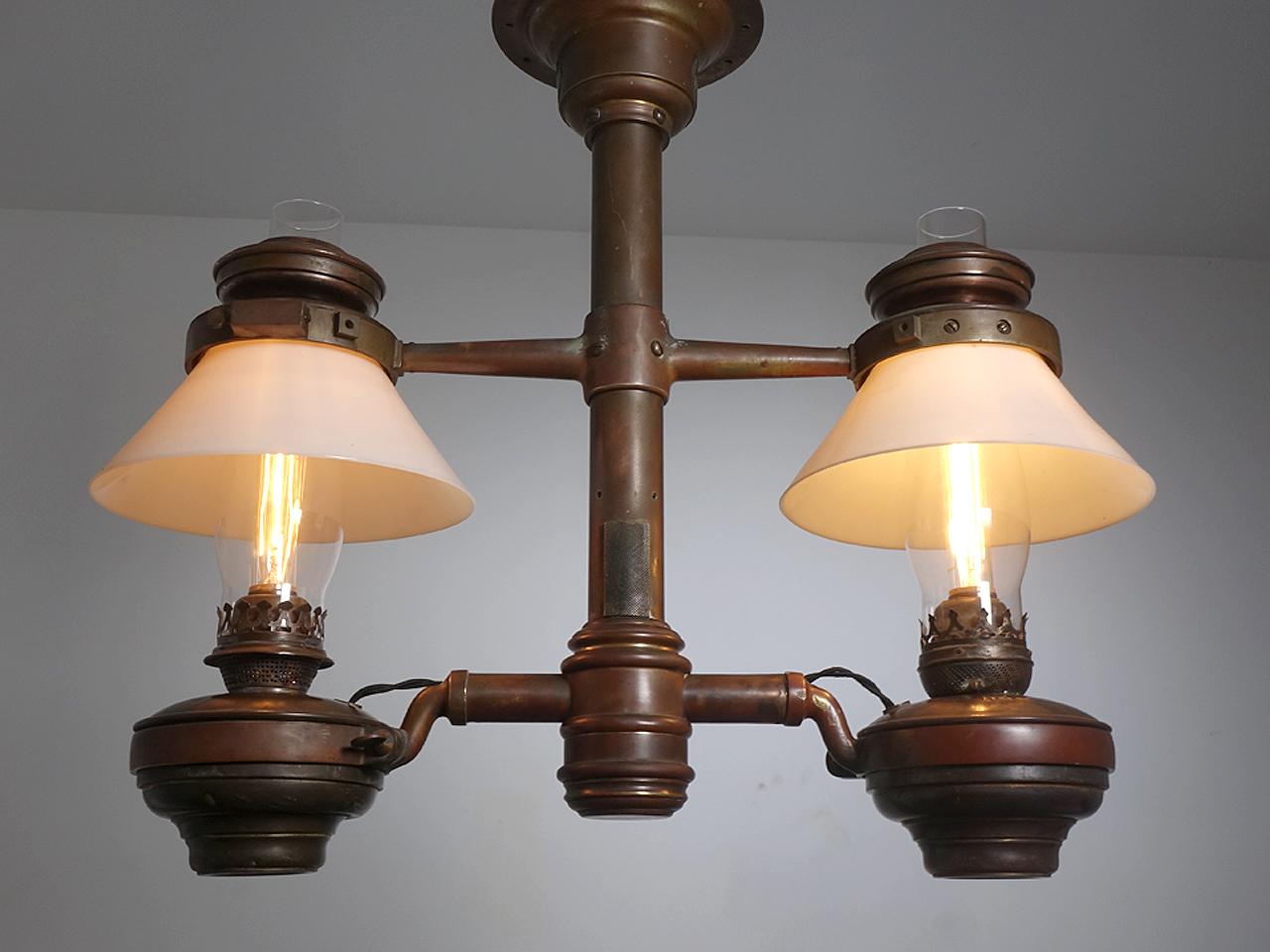 American Very Rare 1800s Norfolk and Western Railroad Dining Car Double Chandelier