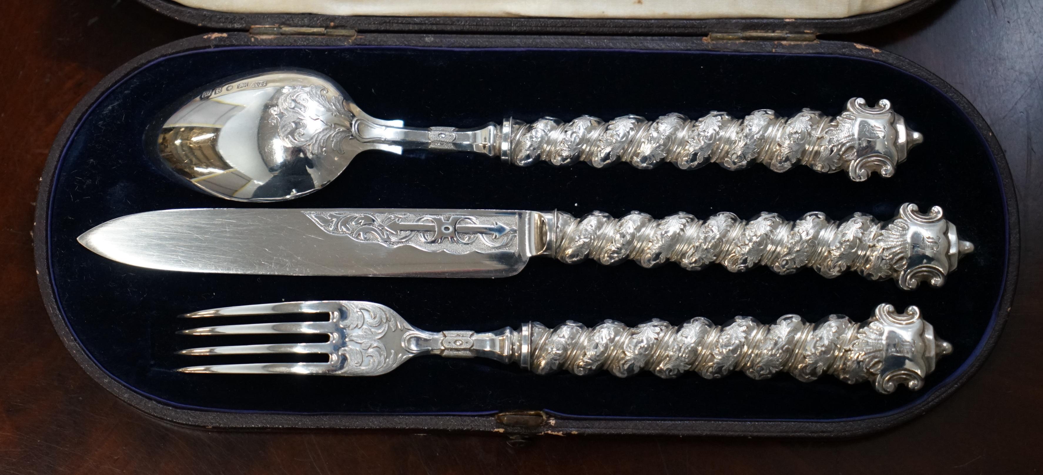 We are delighted to offer for sale this very rare Arron Hadfield 1848-1849 solid sterling silver Christening set in original leather-bound silk lined presentation case with gold leaf writing 

A highly collectable set, I’ve never seen another so