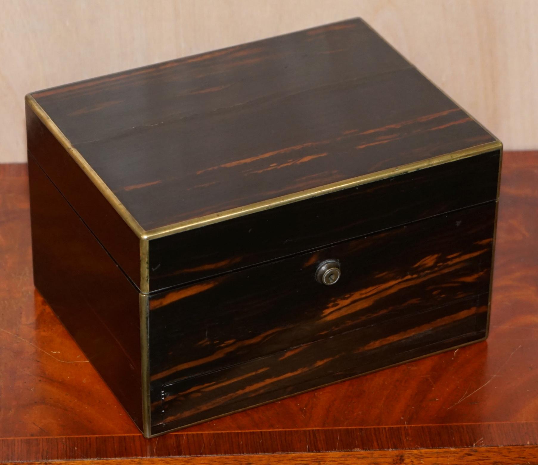 We are delighted to offer for sale this very rare 1867 sterling silver hallmarked Asprey 166 Bond Street London Coromandel wood vanity dressing table box

A very rare and high quality collectable piece, the box is solid Coromandel wood with brass
