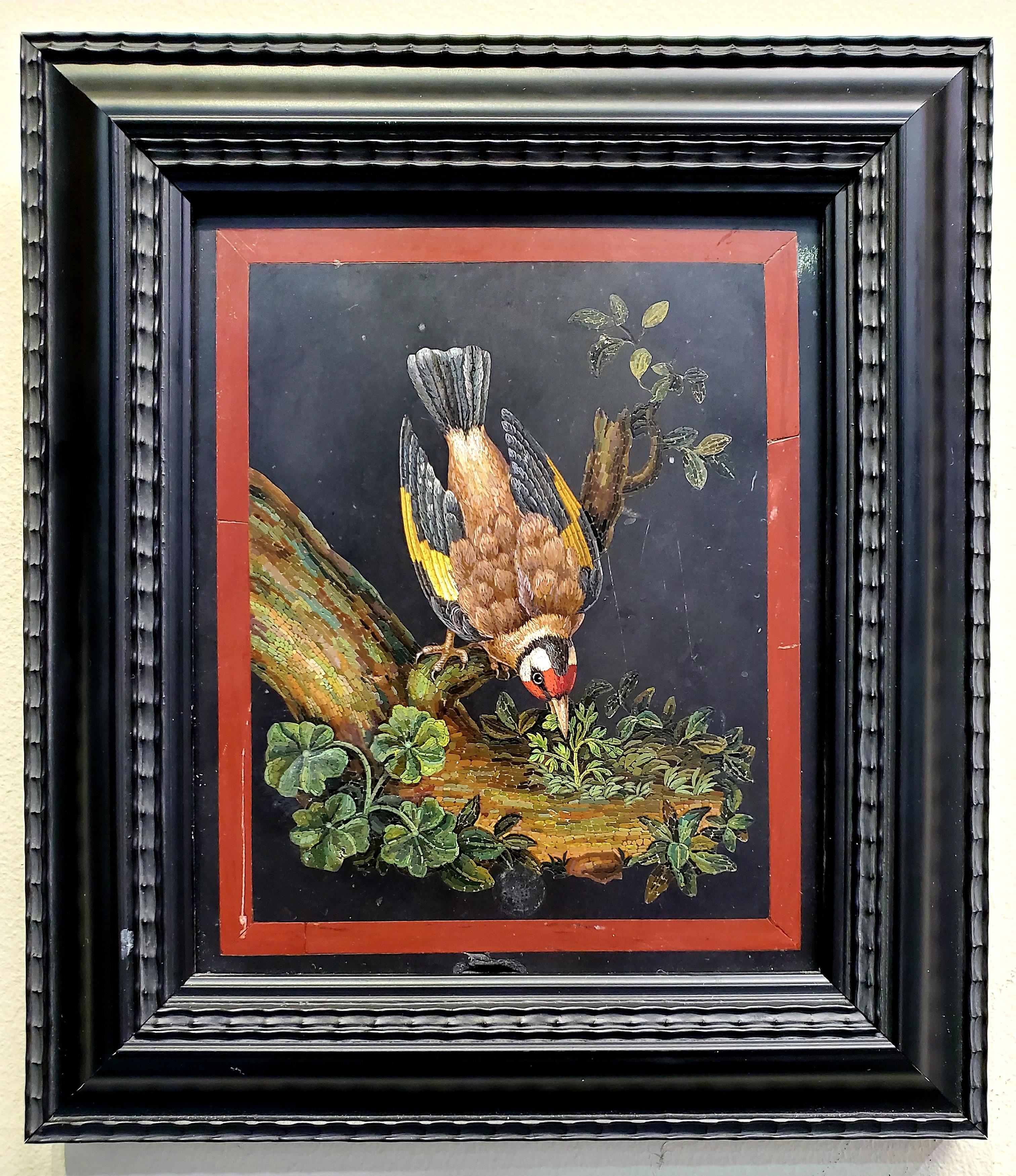 Very rare 18th century micromosaic depicting a goldfinch bird.


Measurements: 
Without frame approximately 5.5 in x 6.5 inches
With frame approximately 8.44 x 9.63 inches.