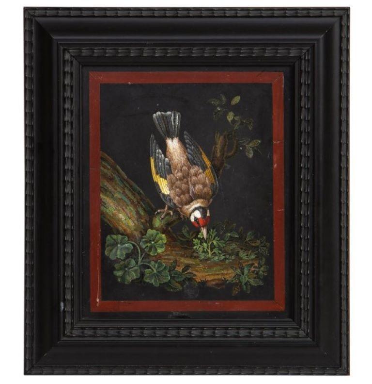 Very rare 18th century Micro Mosaic Depicting a Goldfinch Bird.

Measurements: 
Without frame approximately 5.5 in x 6.5 inches
With frame approximately 8.44 x 9.63 inches.
