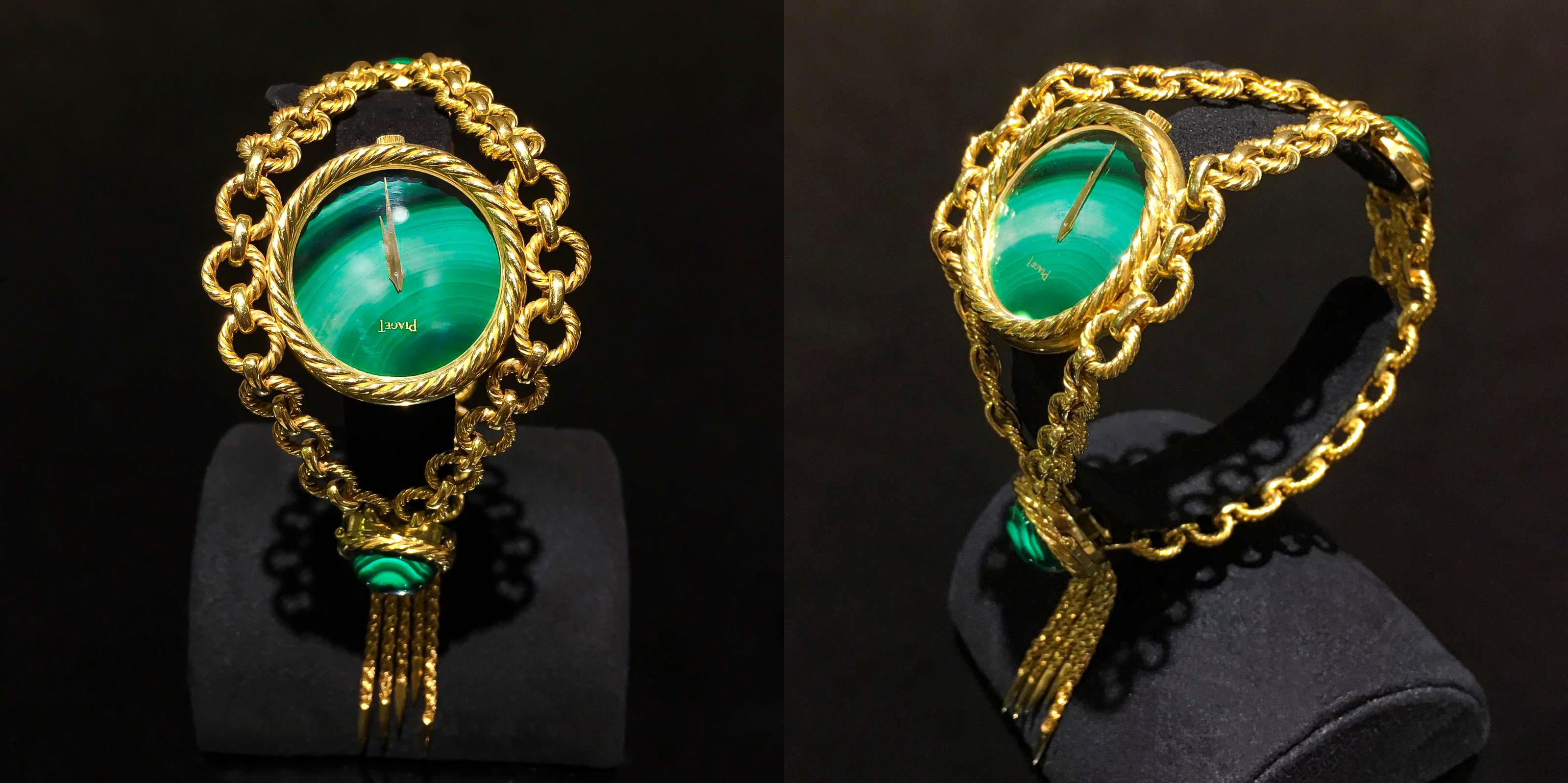 Very Rare 1960s-1970s Piaget 18 Karat Gold Malachite Necklace and Bracelet Watch 10