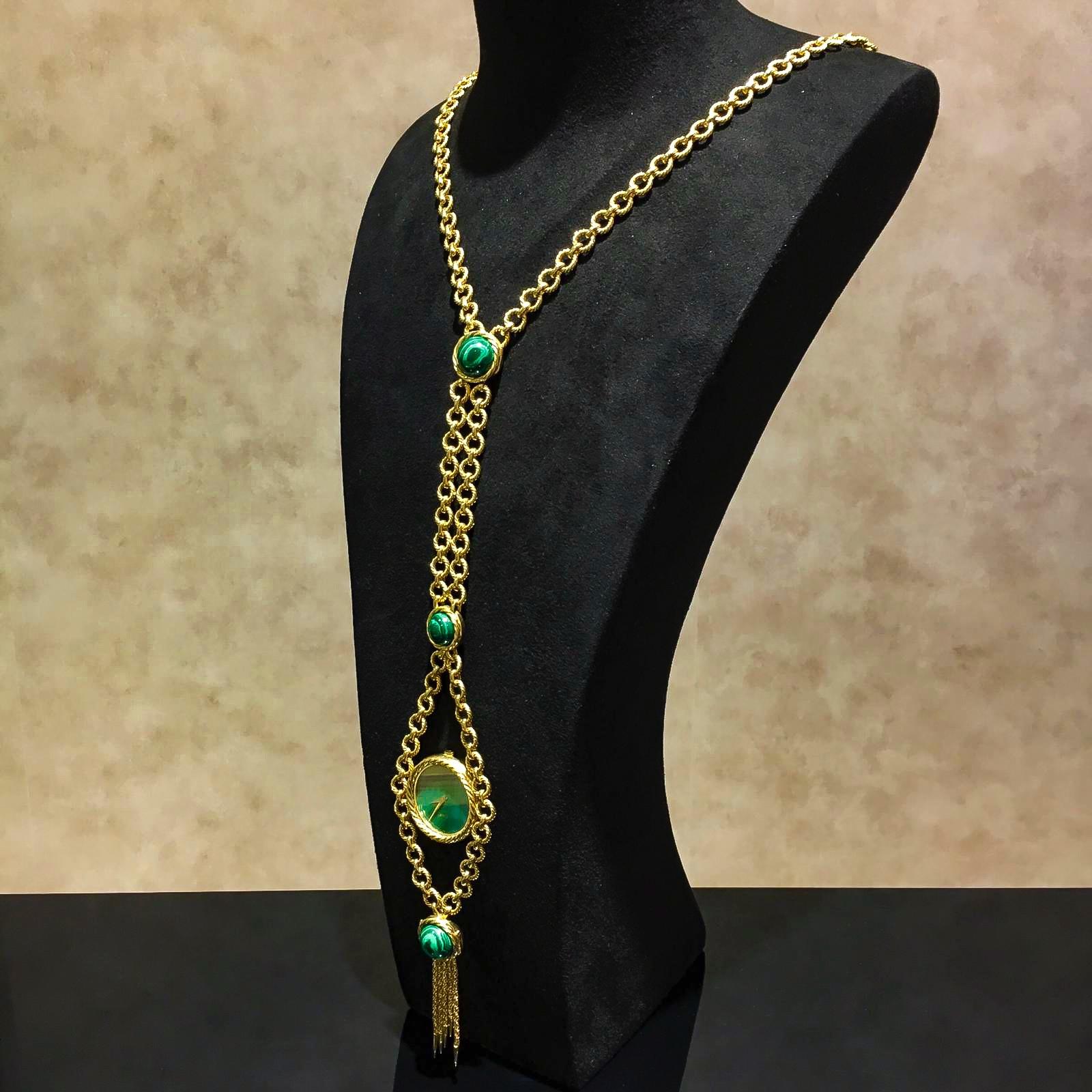 Very Rare 1960s-1970s Piaget 18 Karat Gold Malachite Necklace and Bracelet Watch In Excellent Condition In New york, NY