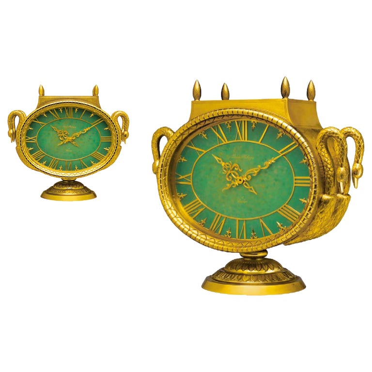 An Extremely Rare & Magnificent Patek Philippe Jade Swan Solar Clock 

Featured as one of Hodinkee's top picks, the present clock is an extremely rare and magnificent Patek Philippe regency style gilt brass & Jadeite Dial Solar Powered Desk Clock