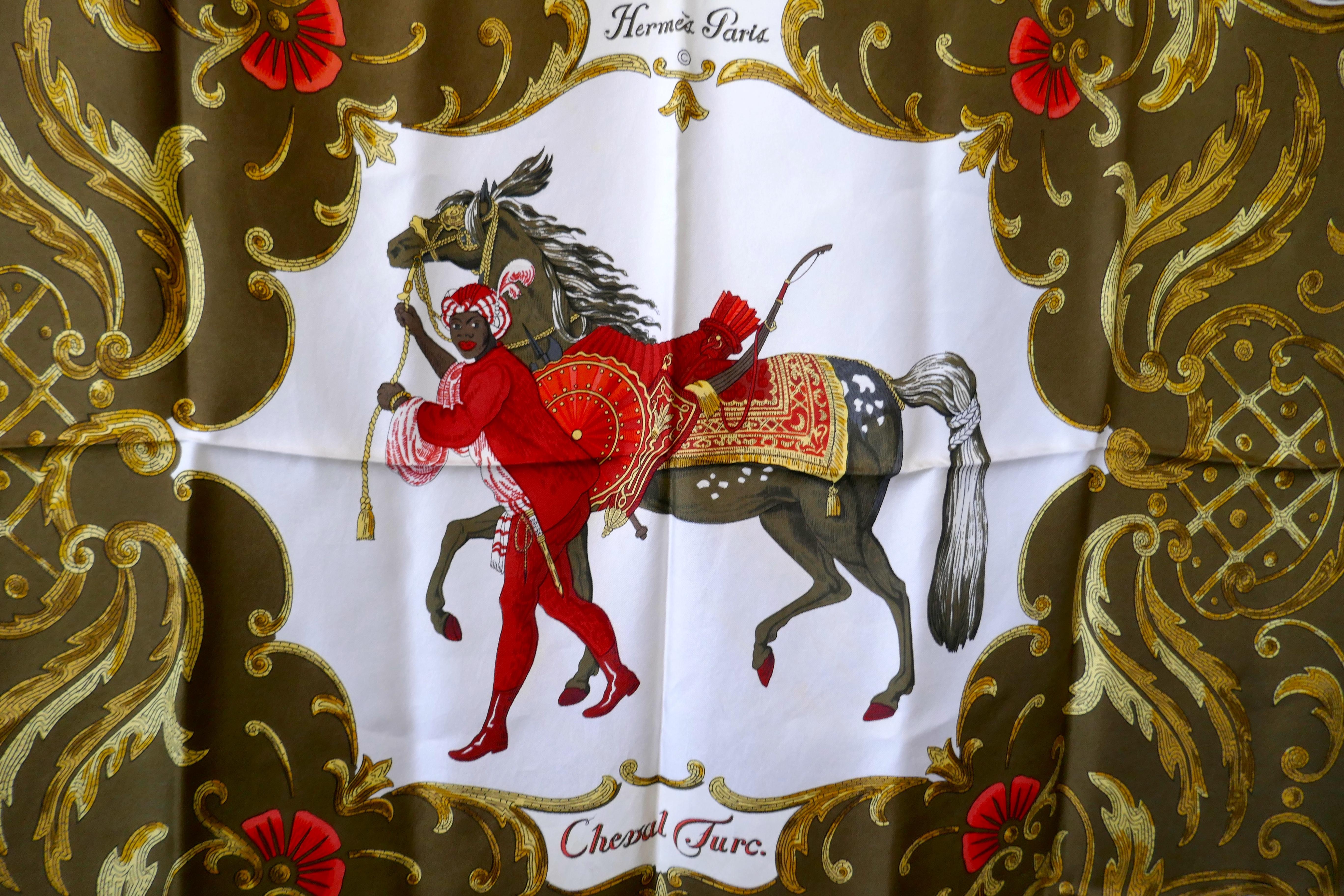 Brown Very Rare 1969 Hermes Silk Scarf “ Cheval Turc ” by  Christiane Vauzelles